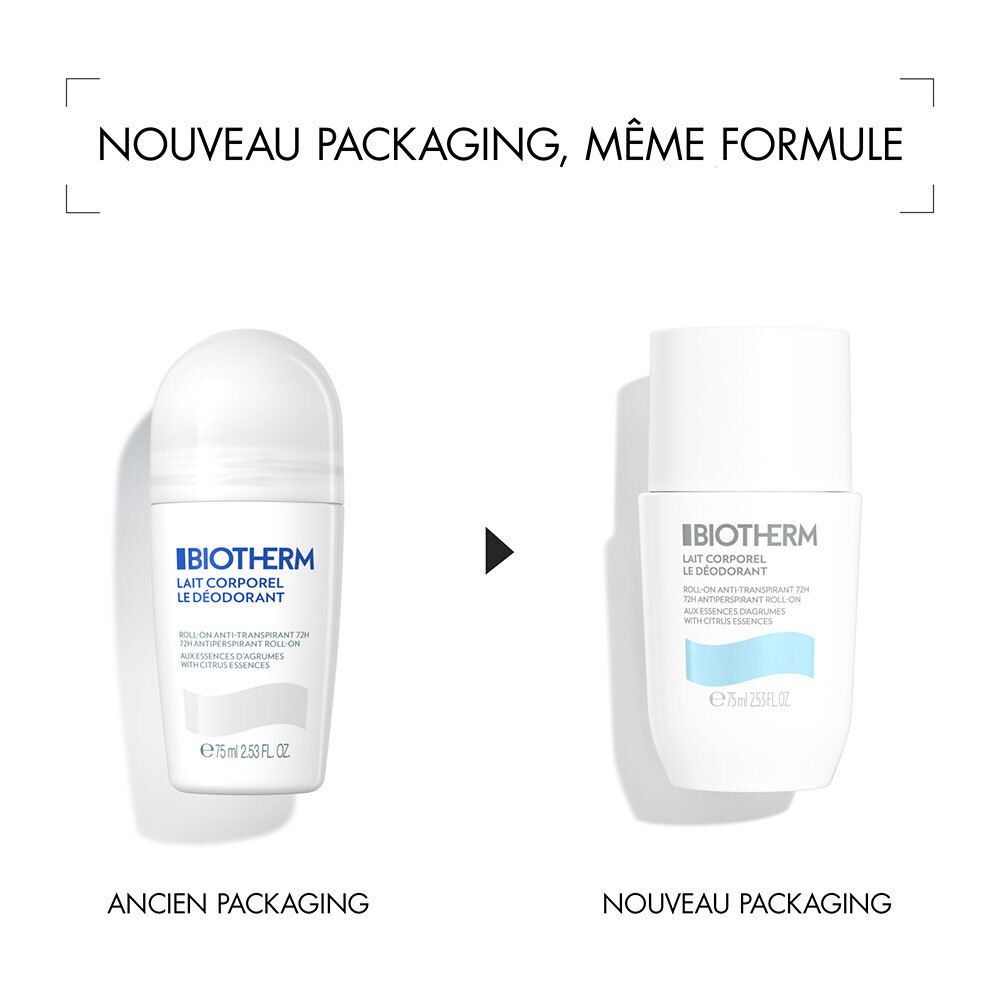 Vergelijking van twee Biotherm roll-on deodorants. Links: oud design. Rechts: nieuw design. Tekst: Nieuwe verpakking, dezelfde formule.