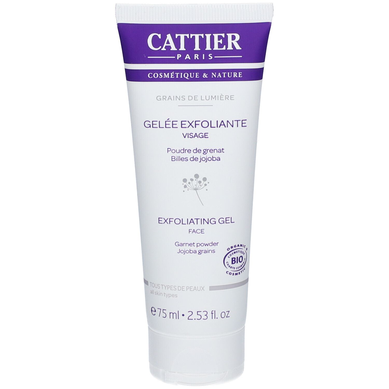 Witte en paarse tube met productnaam en ingrediënten. Bio-certificering. Volume: 75 ml.