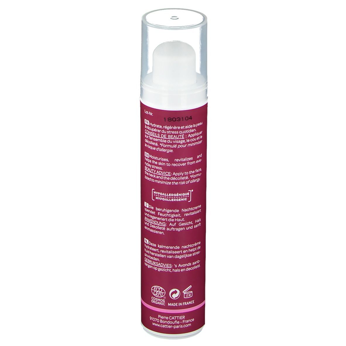 Dos de la crème de nuit Cattier. Flacon rose avec texte. Texte: Sleeping Crème Réconfortante, certification bio, conseils d'utilisation.