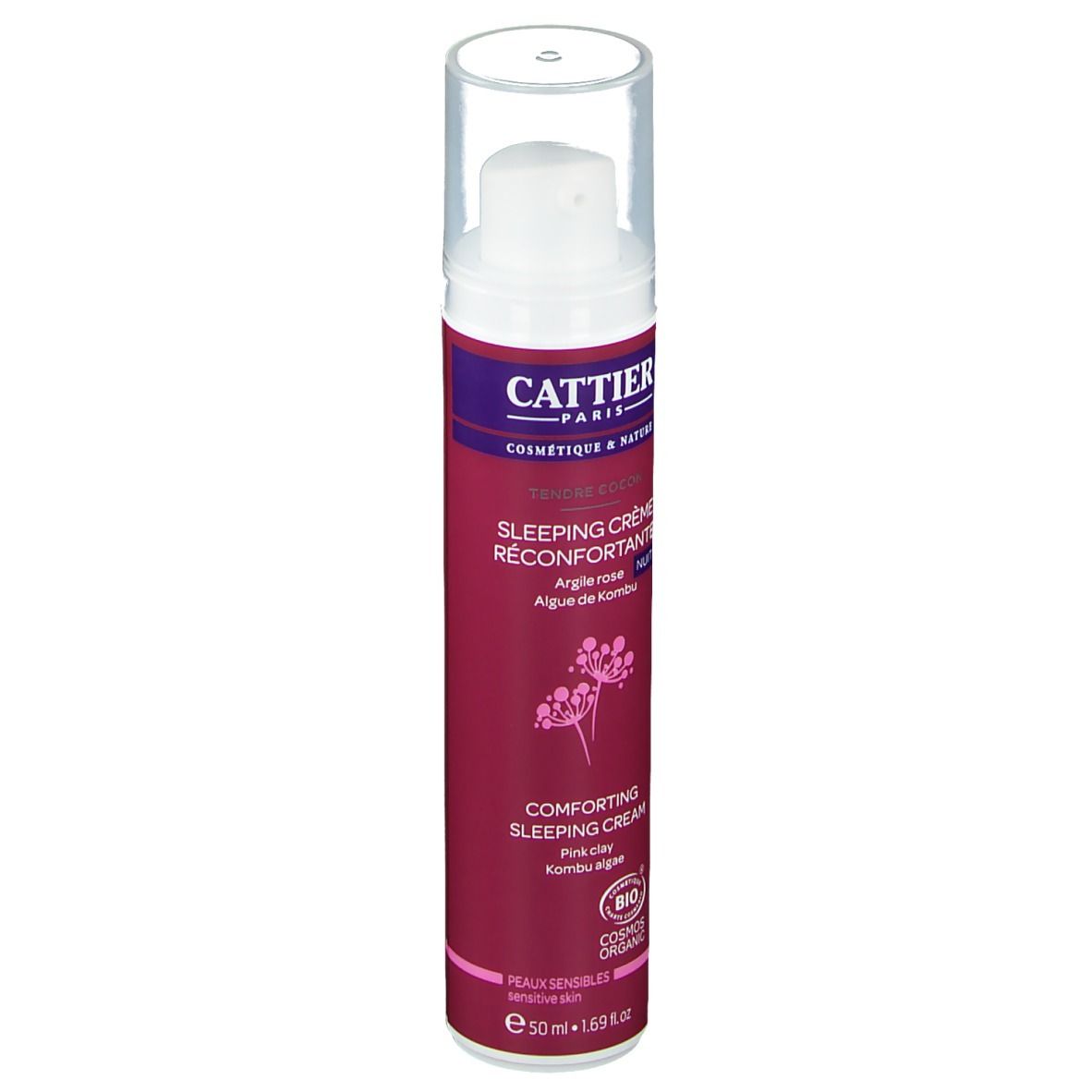 Cattier Crème de nuit. Flacon rose avec pompe et bouchon transparent. Texte: Sleeping Crème Réconfortante, certification bio.