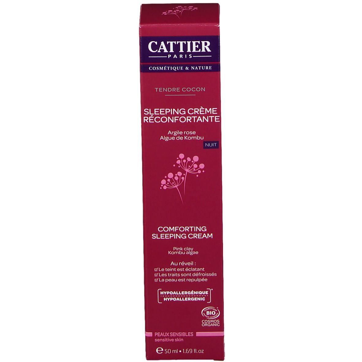 Emballage de la crème de nuit Cattier. Carton rose. Texte: Sleeping Crème Réconfortante, certification bio, hypoallergénique.
