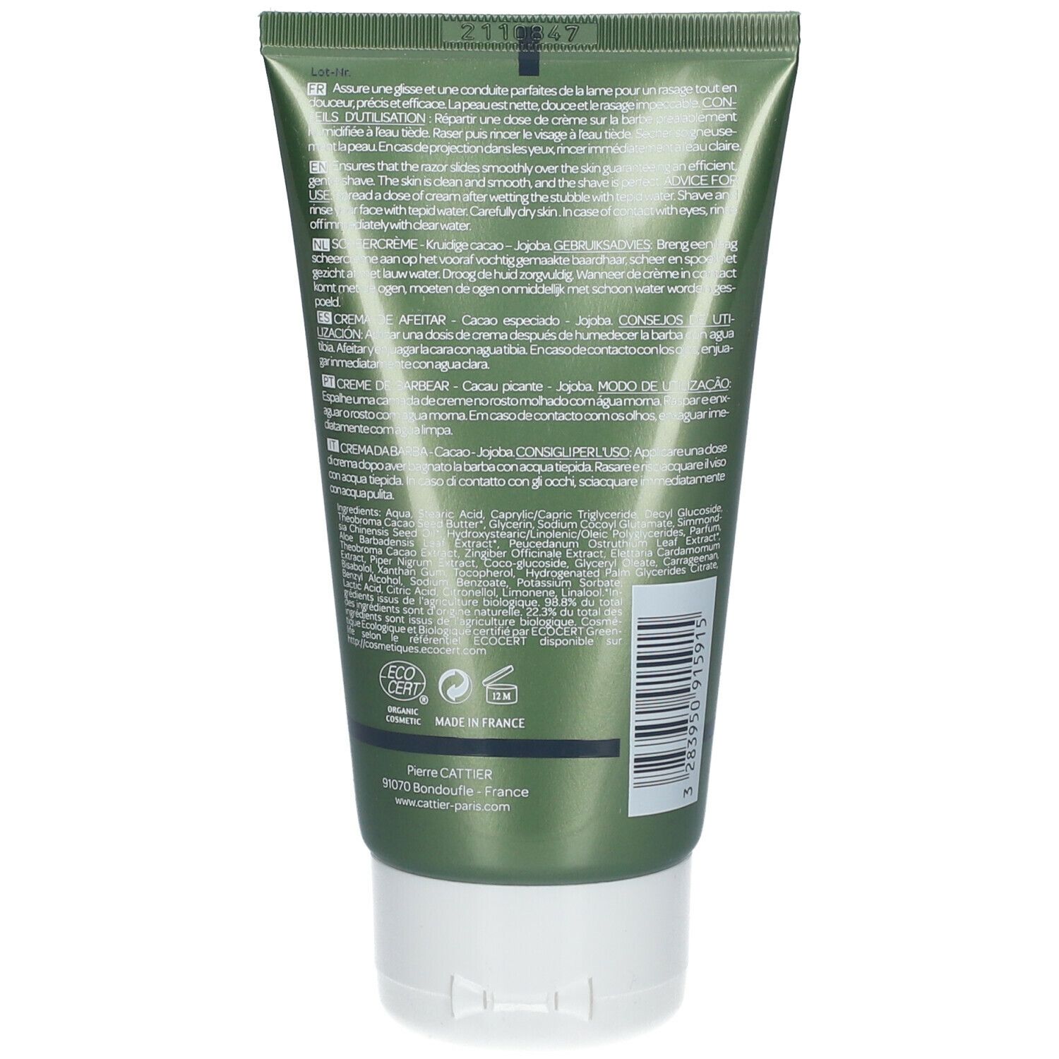 Tube vert avec bouchon blanc. Texte multilingue. Inscription "Made in France" et certification écologique.