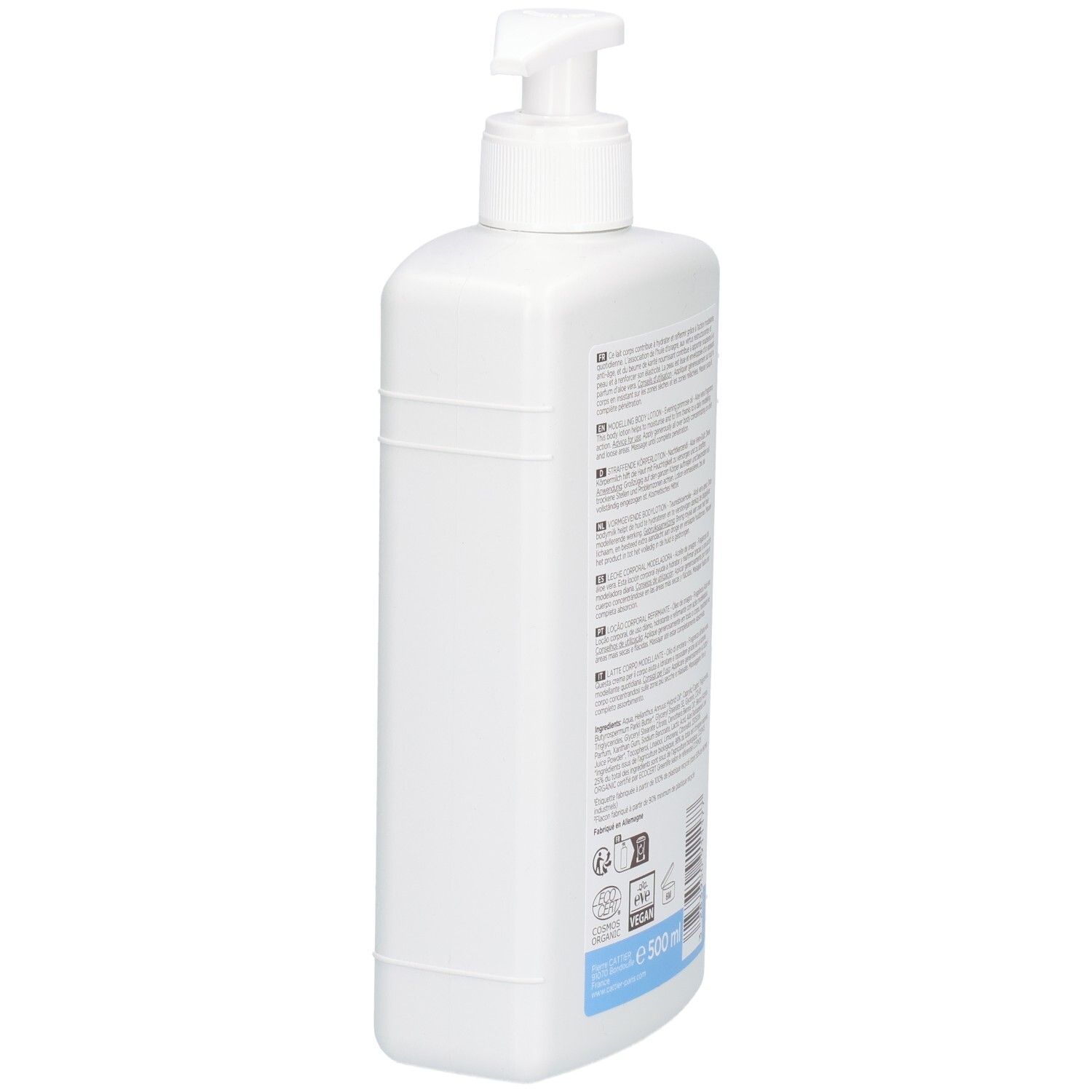 Vue latérale d'un flacon blanc avec pompe, Lait Corps Cattier Paris, 500 ml.