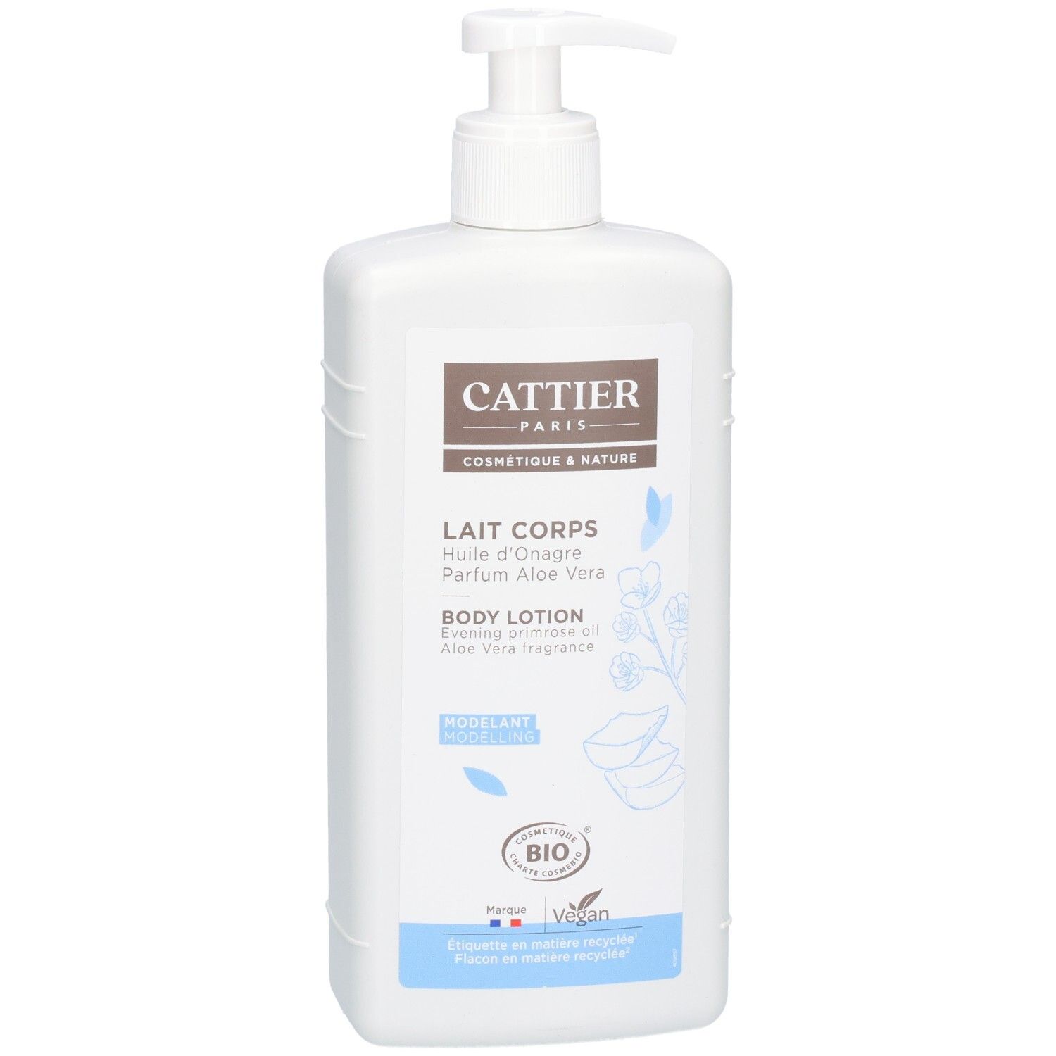 Flacon blanc avec pompe, Lait Corps Cattier Paris, Modelant, Bio, Vegan.