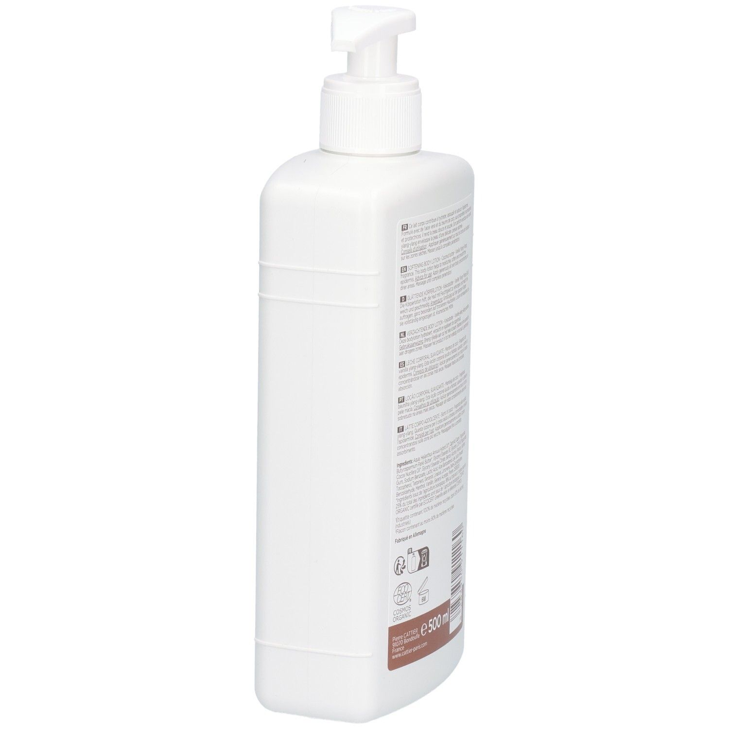 Zijaanzicht van een witte fles met pompdispenser, Cattier Paris Body Lotion.