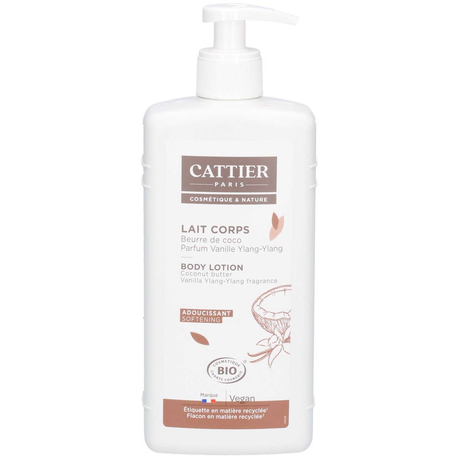Witte fles met pompdispenser, Cattier Paris Body Lotion, Vanille Ylang-Ylang geur, Bio-keurmerk.