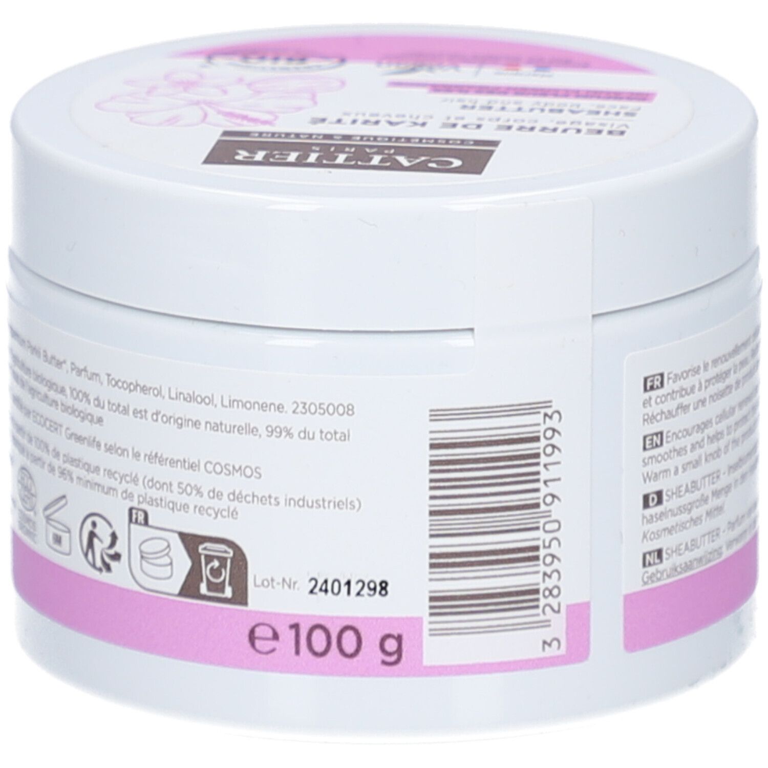 Witte pot, achterkant met tekst en informatie. Opschrift: 100 g. Recyclingsymbool.