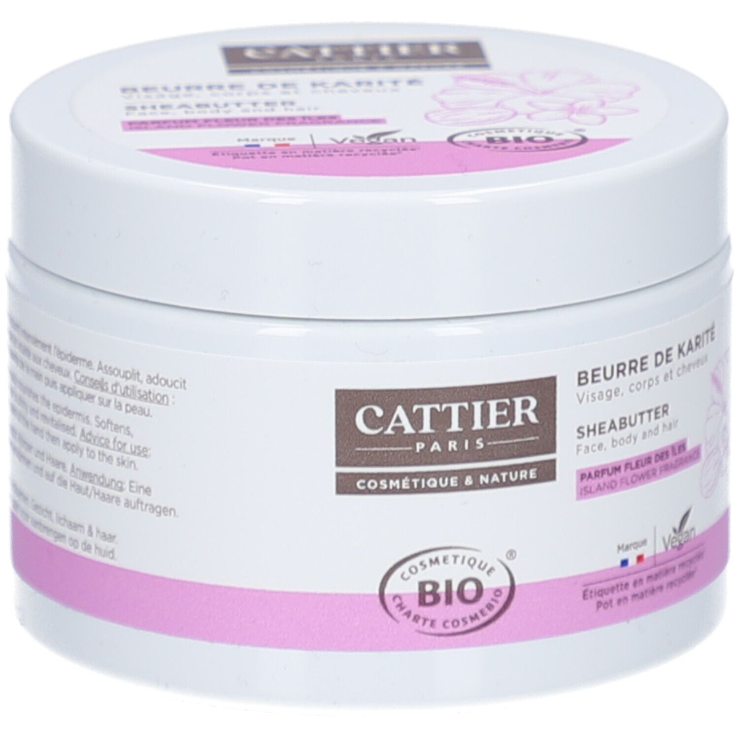 Witte pot met roze band. Opschrift: Cattier, Beurre de Karité, Sheabutter. Bio-certificering. Vegan.