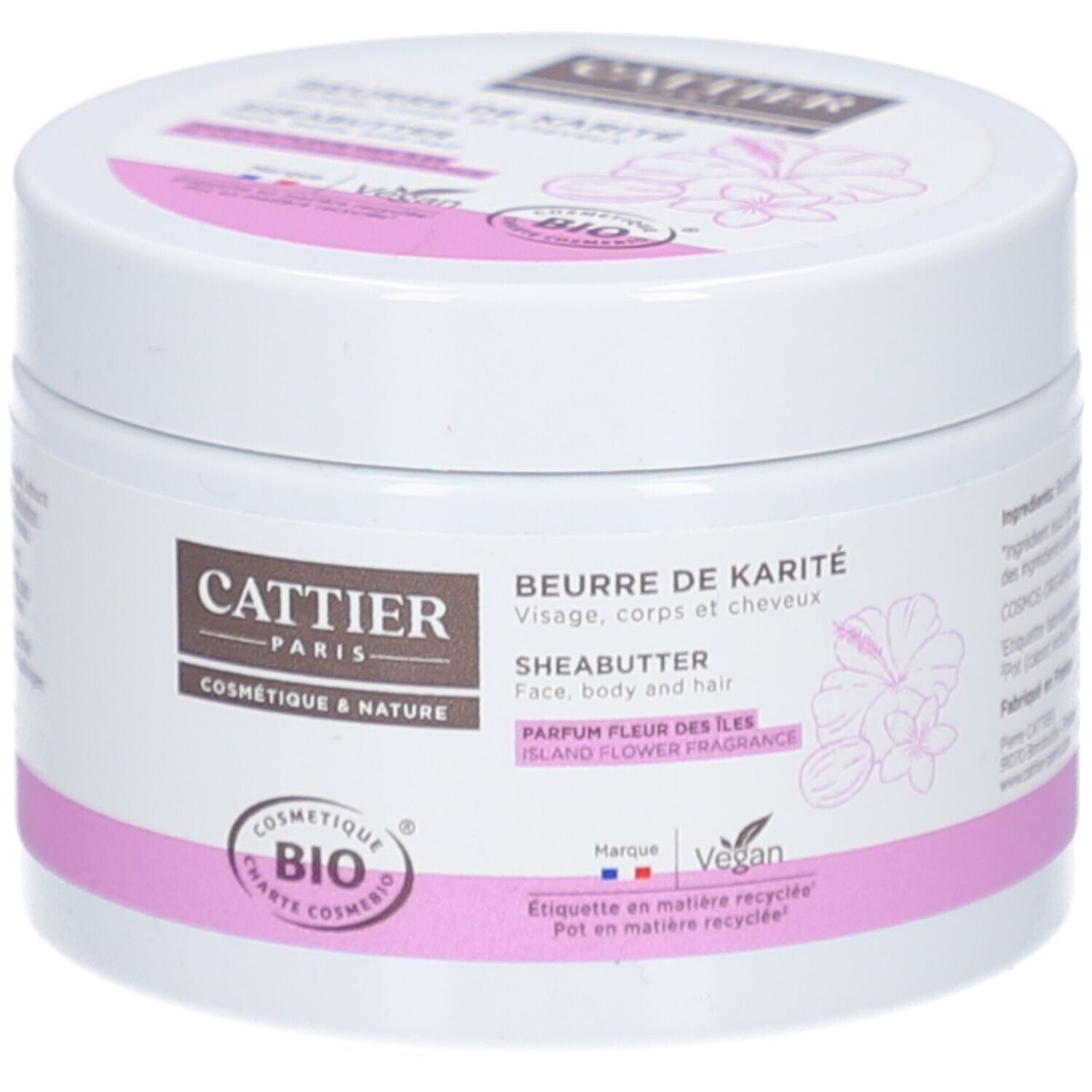 Witte pot met roze band. Opschrift: Cattier, Beurre de Karité, Sheabutter. Bio-certificering. Vegan.