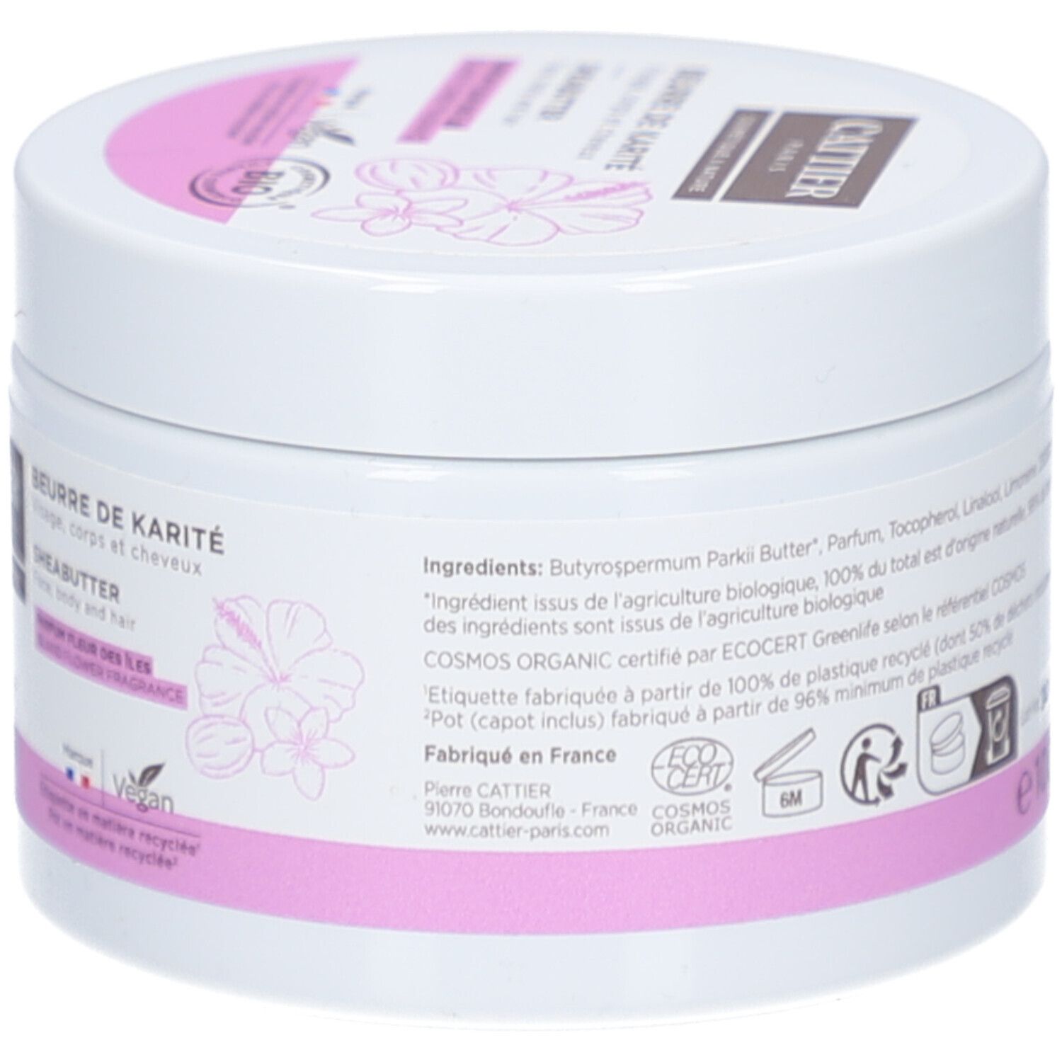 Witte pot, achterkant met tekst. Opschrift: Beurre de Karité, Sheabutter. Ingrediënten, certificeringen.