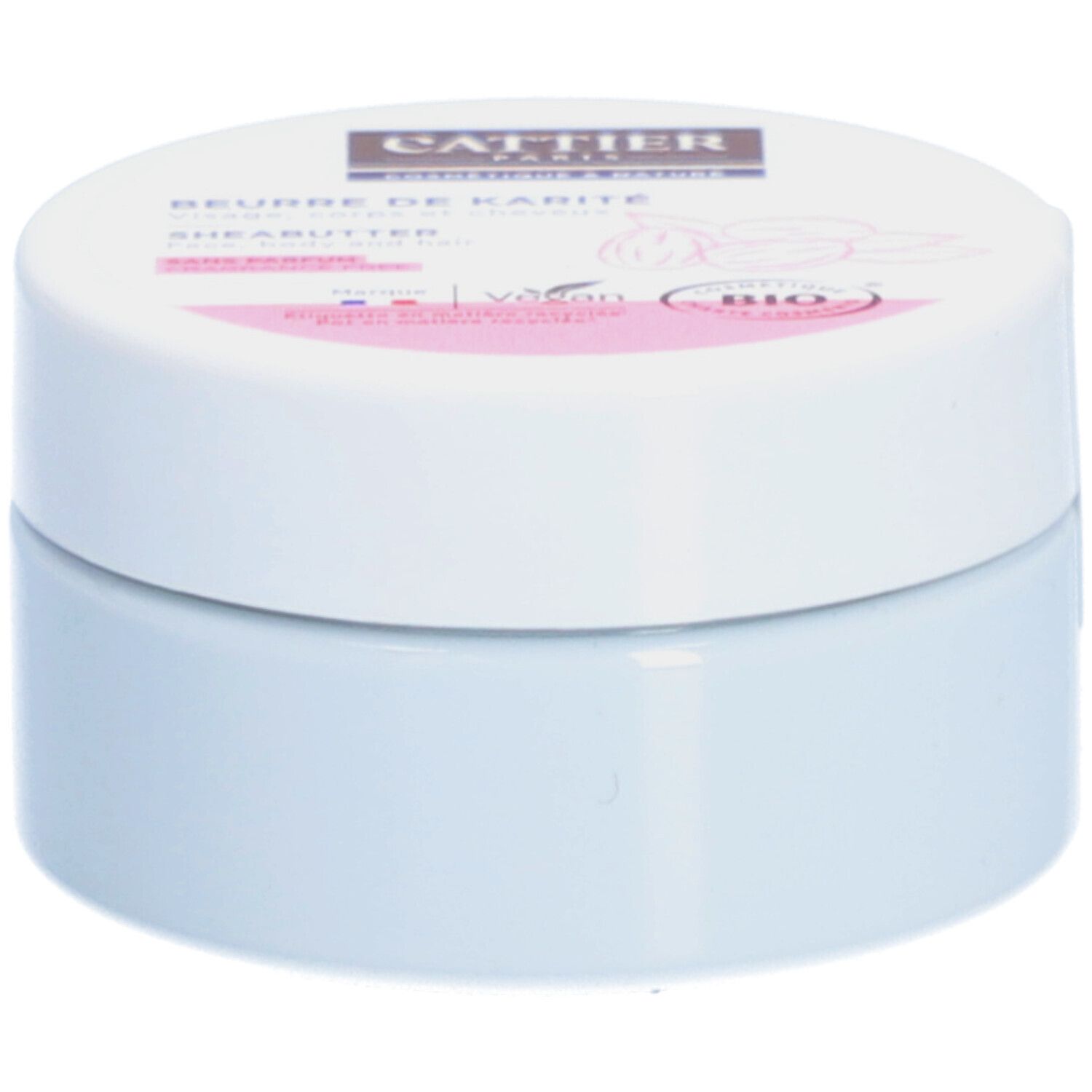 Witte pot met deksel. Opschrift: Cattier, Beurre de Karité, Shea Butter, Bio-label. Roze en bruine accenten.