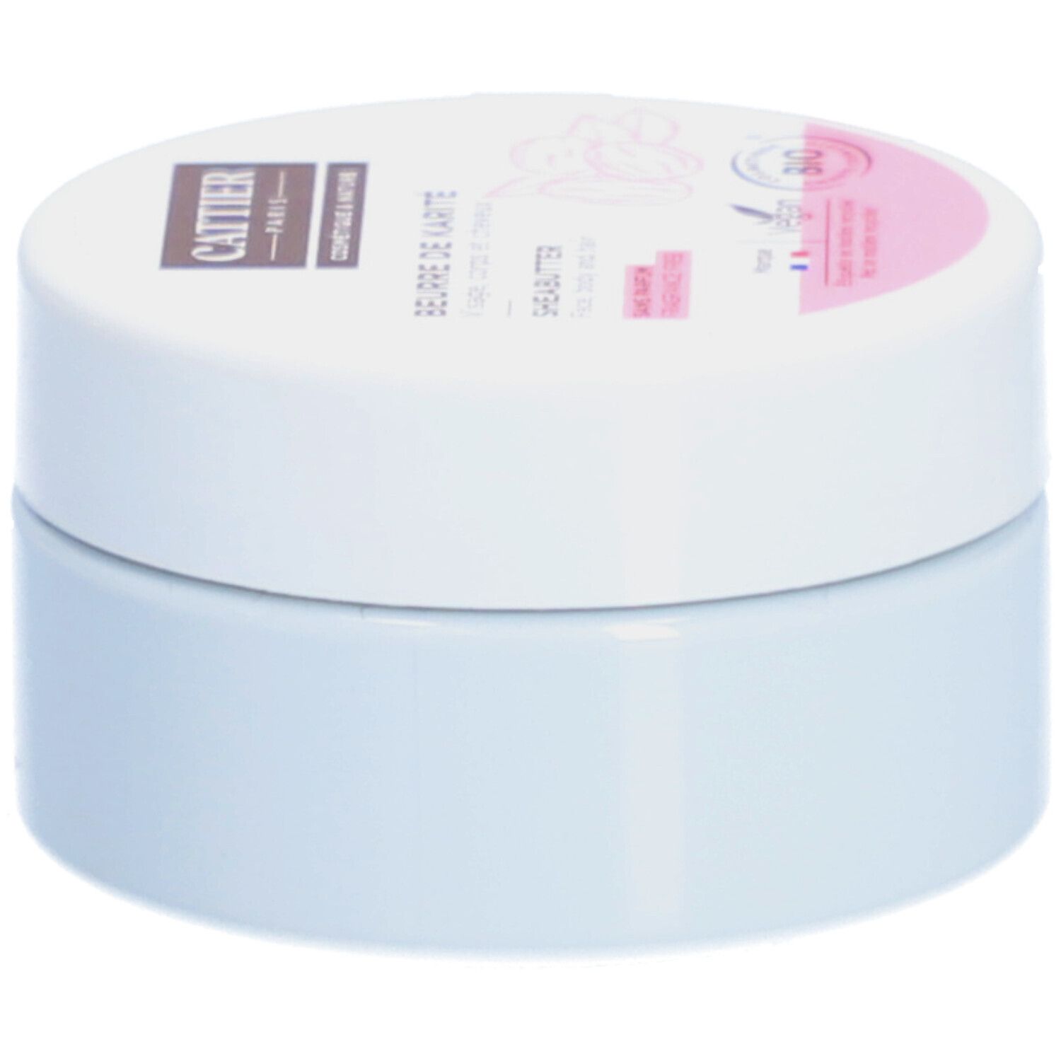 Witte pot met deksel. Opschrift: Cattier, Beurre de Karité, Shea Butter, Bio-label. Roze en bruine accenten.