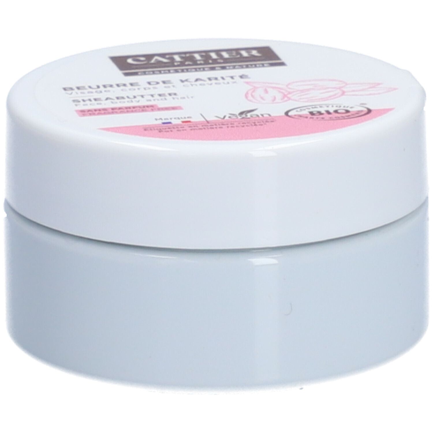 Witte pot met deksel. Opschrift: Cattier, Beurre de Karité, Shea Butter, Bio-label. Roze en bruine accenten.