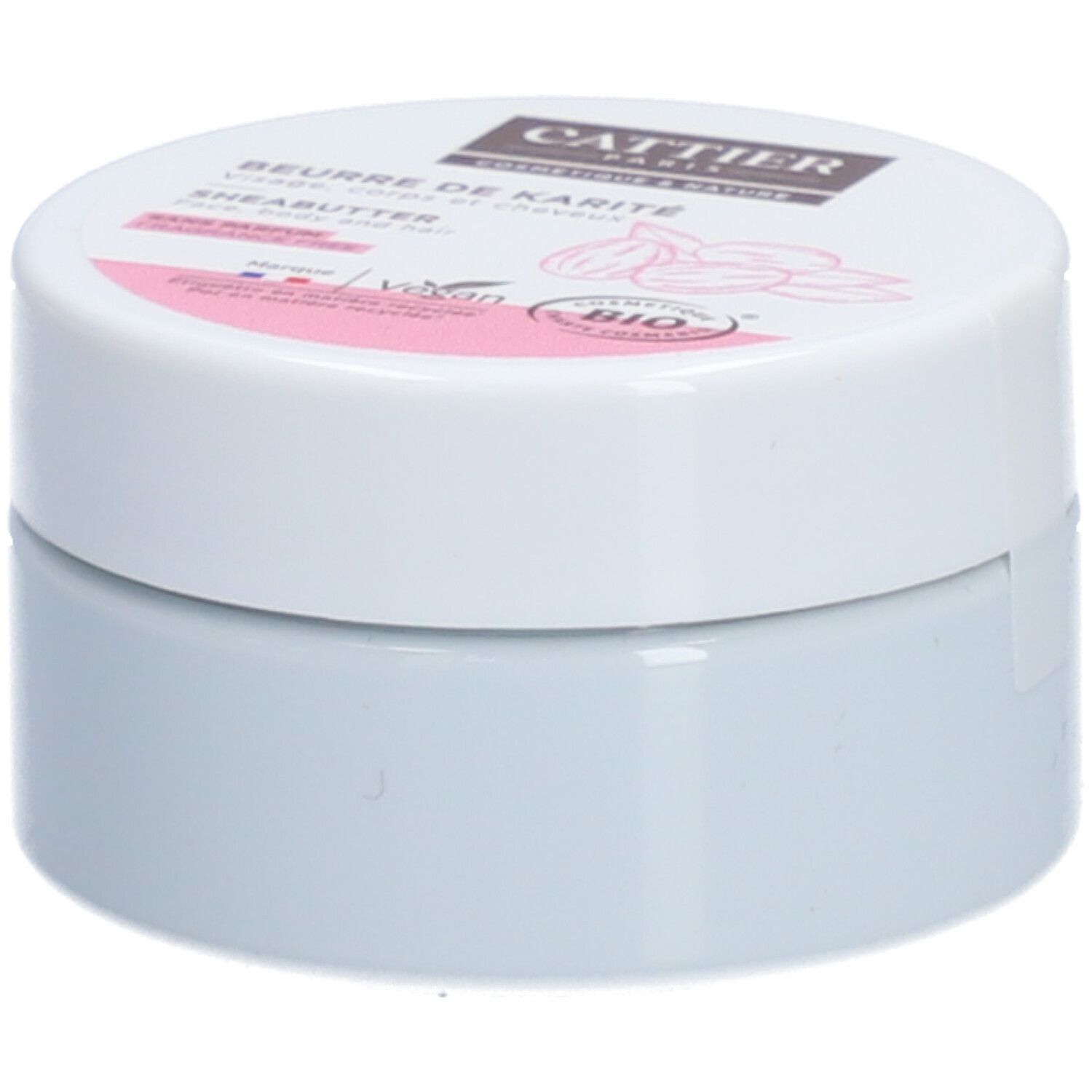 Witte pot met deksel. Opschrift: Cattier, Beurre de Karité, Shea Butter, Bio-label. Roze en bruine accenten.