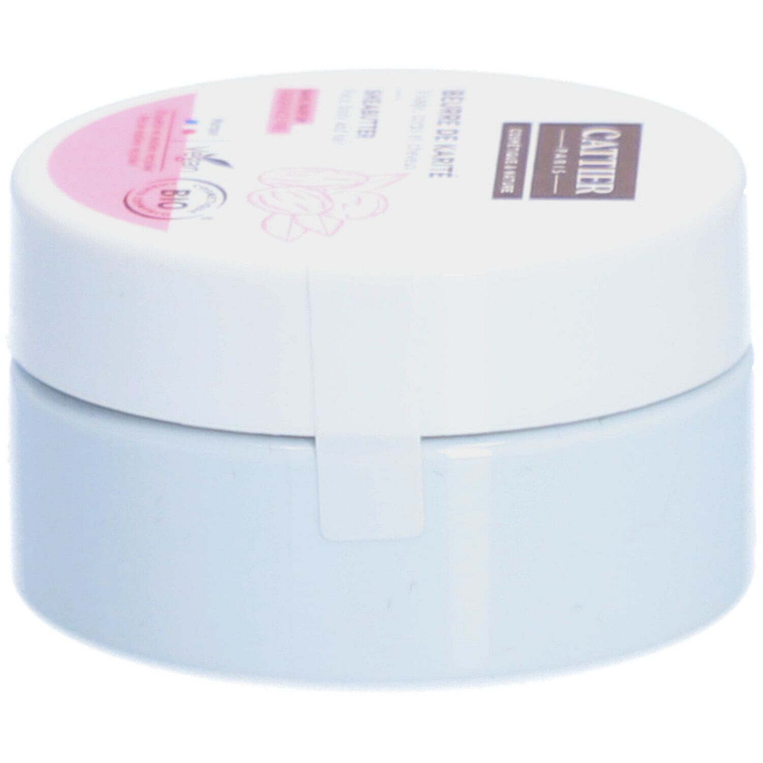 Witte pot met deksel. Opschrift: Cattier, Beurre de Karité, Shea Butter, Bio-label. Roze en bruine accenten.
