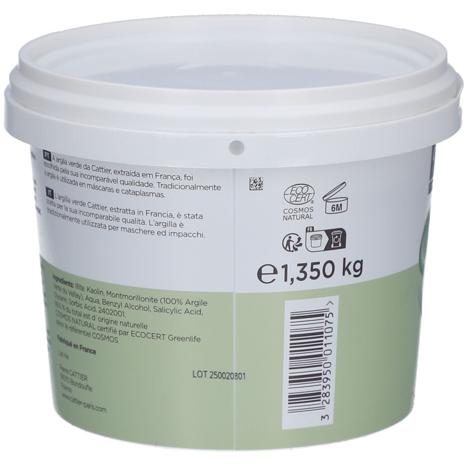 Dos du seau. Texte multilingue. Inscription: 1,350 kg. Liste des ingrédients. ECOCERT COSMOS NATURAL.