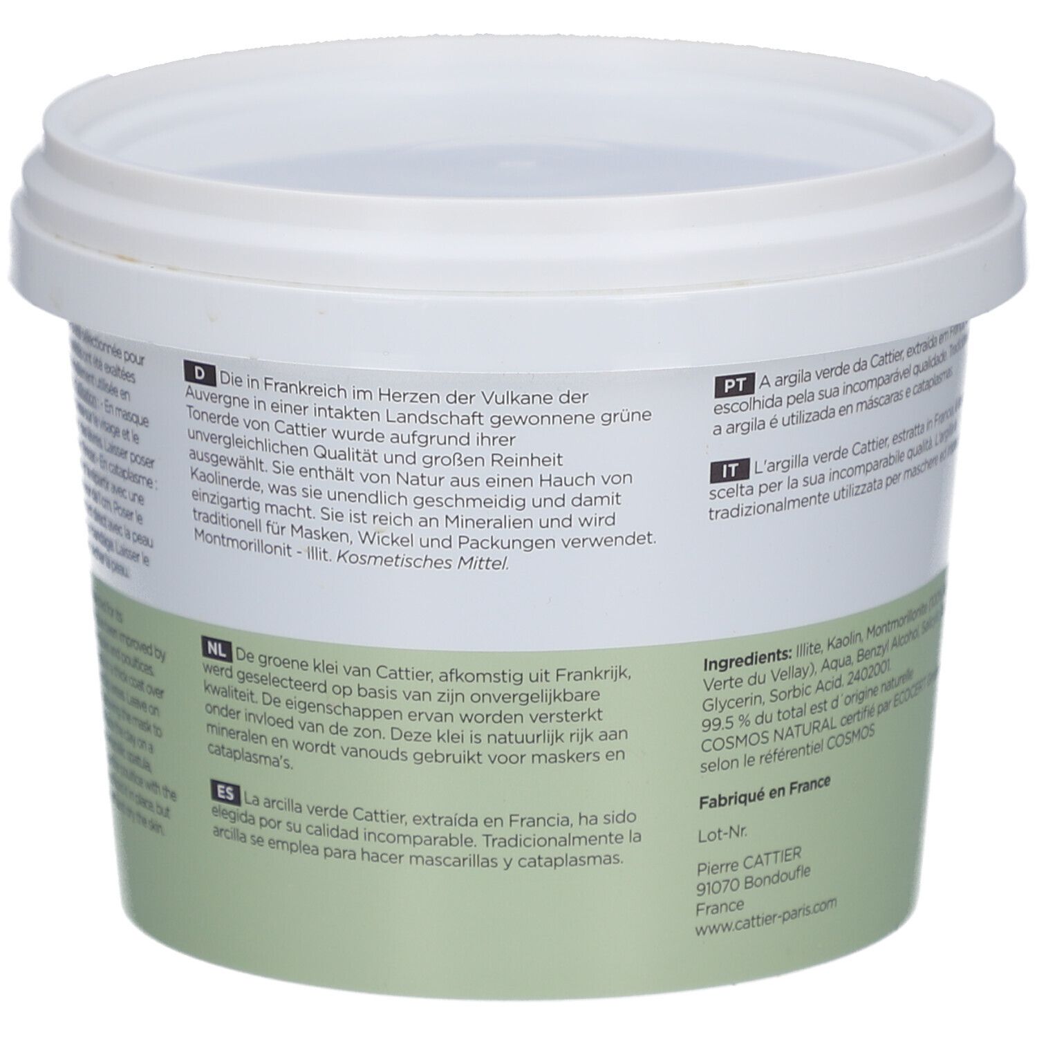 Dos du seau. Texte multilingue. Inscription: Ingrédients, fabriqué en France.