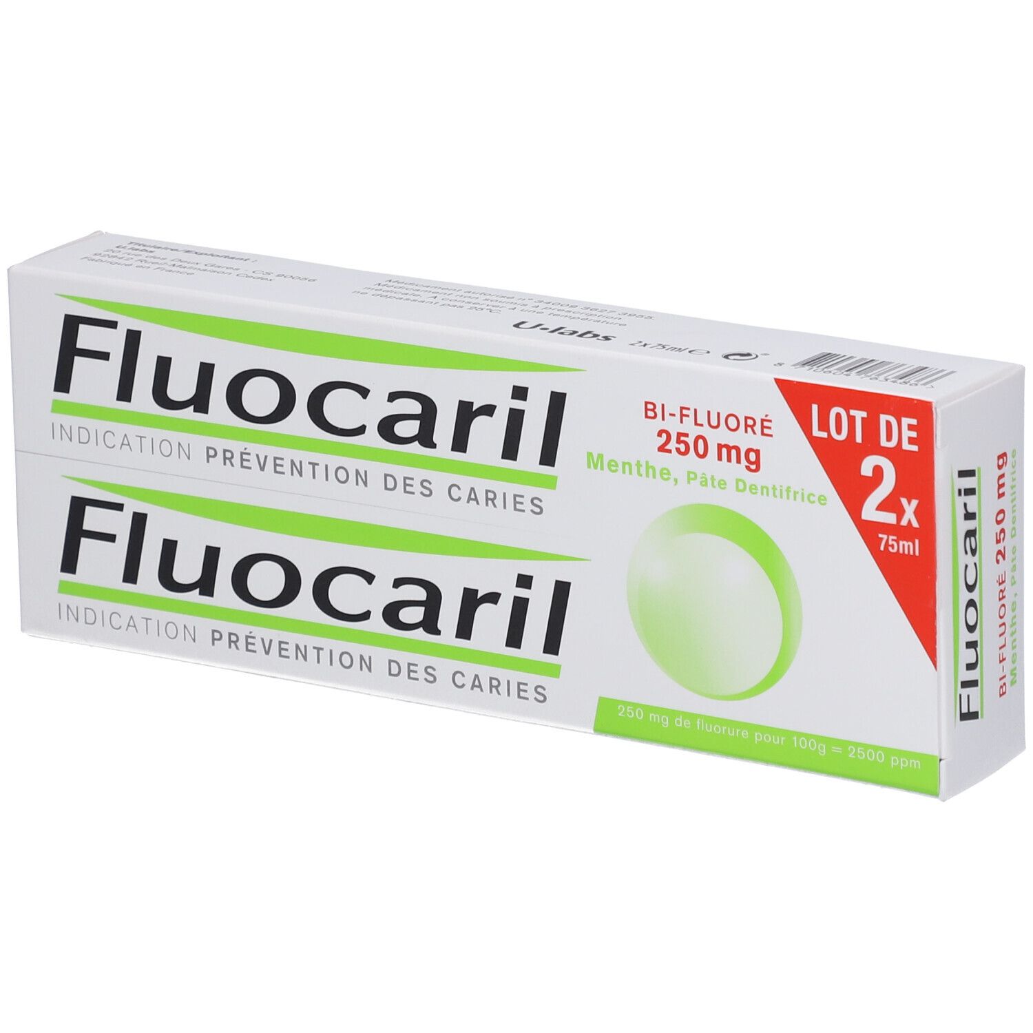 Twee pakken Fluocaril Bi-Fluor 250 mg tandpasta, munt.