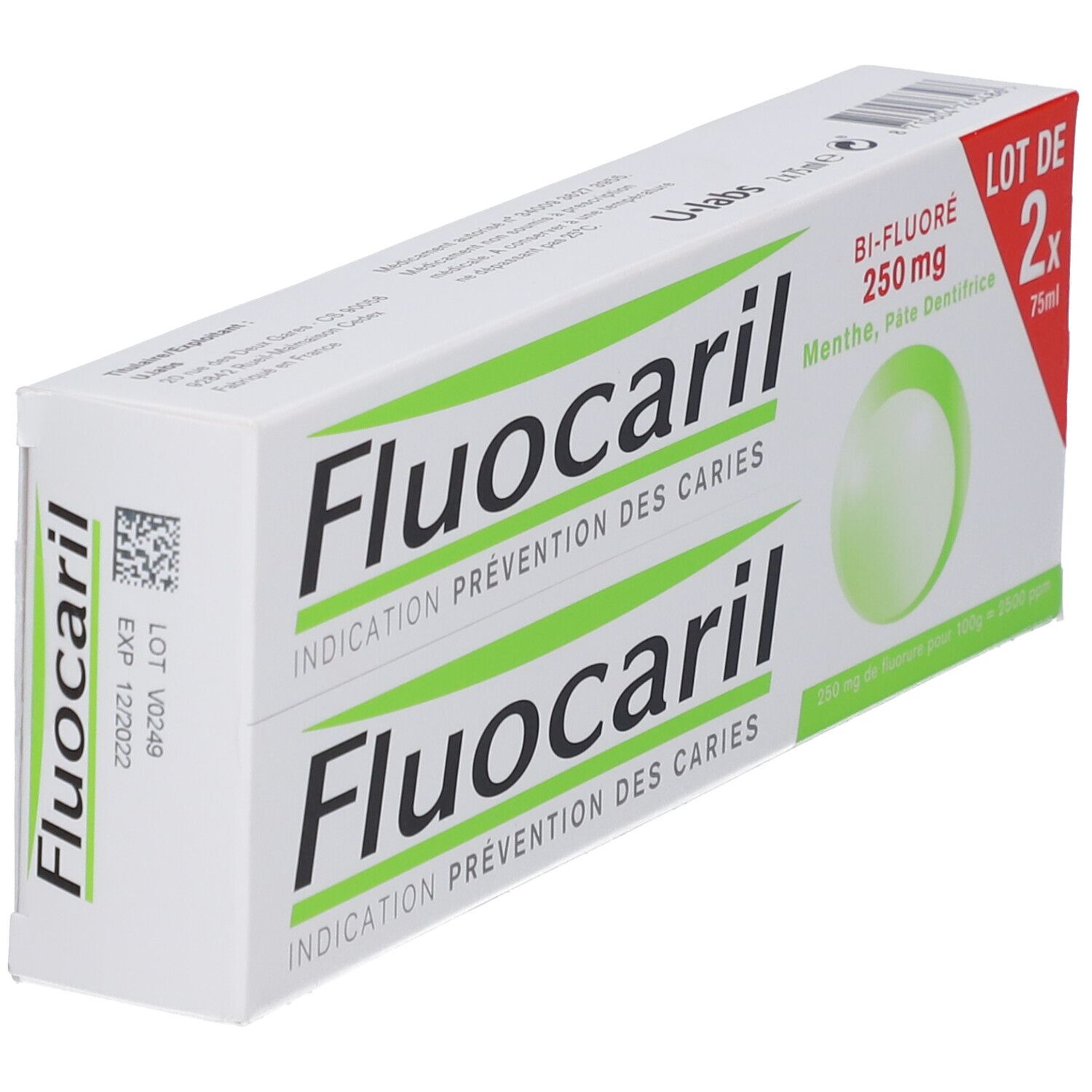 Twee pakken Fluocaril Bi-Fluor 250 mg tandpasta, munt. Achterkant met vervaldatum.