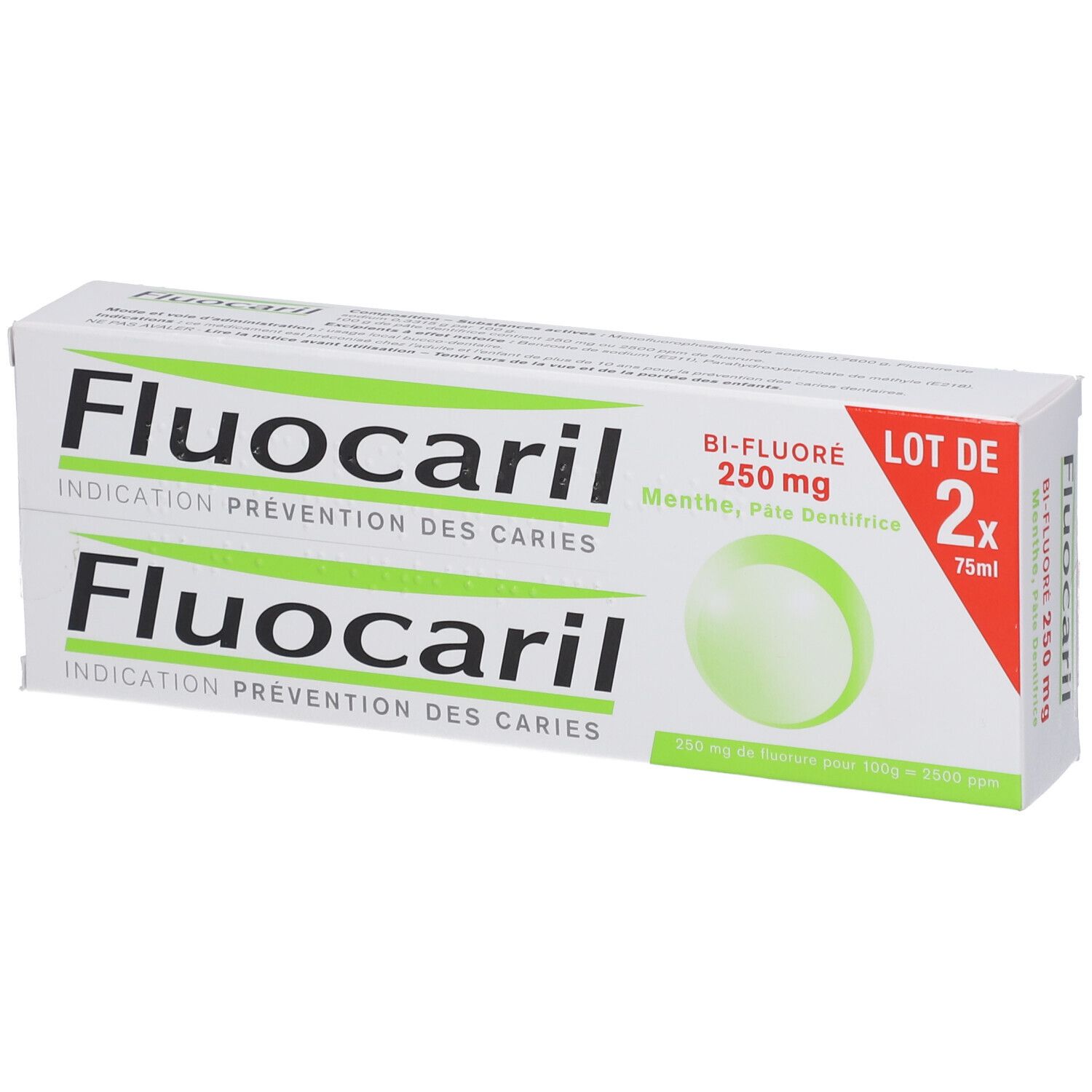 Twee pakken Fluocaril Bi-Fluor 250 mg tandpasta, munt.