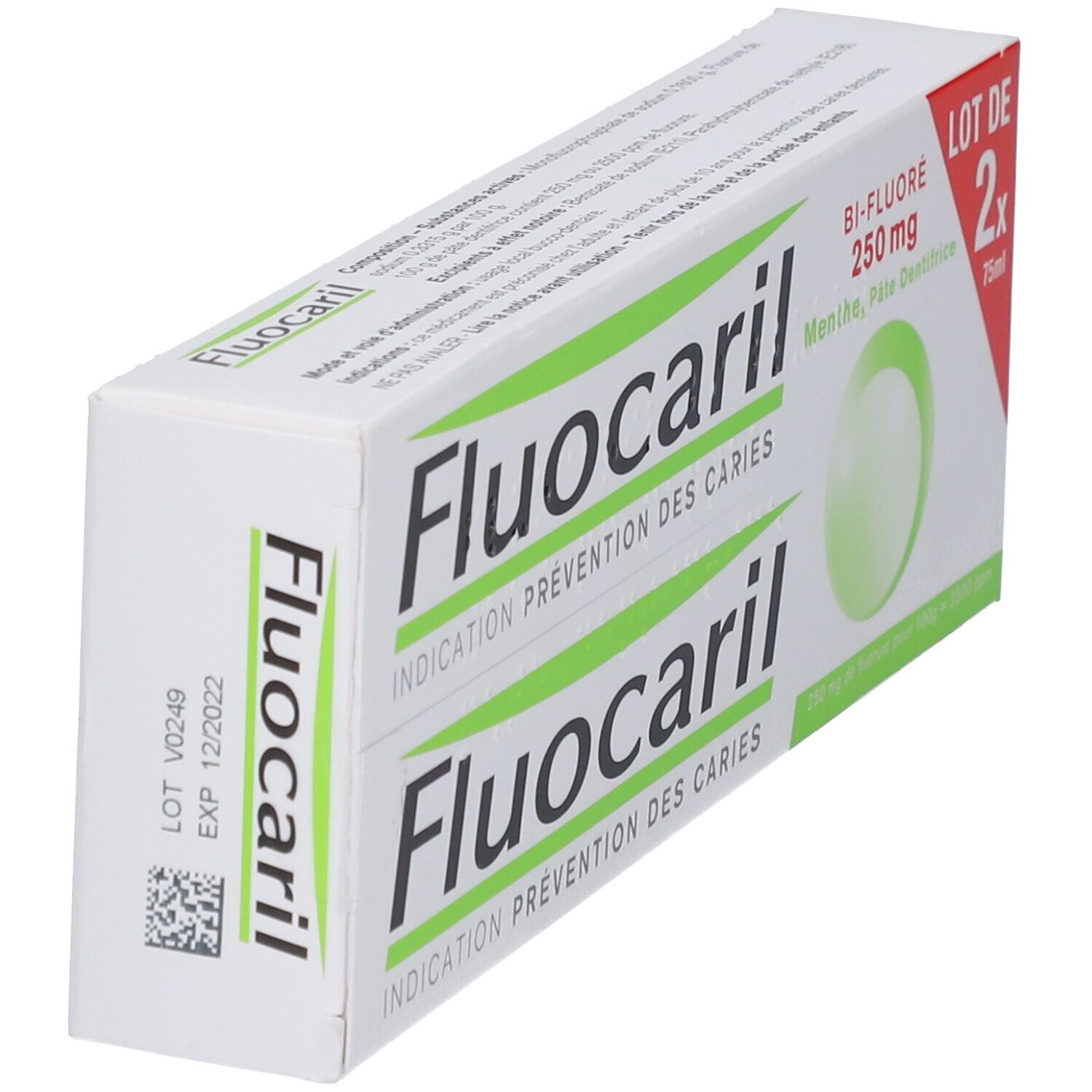 Twee pakken Fluocaril Bi-Fluor 250 mg tandpasta, munt. Zijkant met vervaldatum.