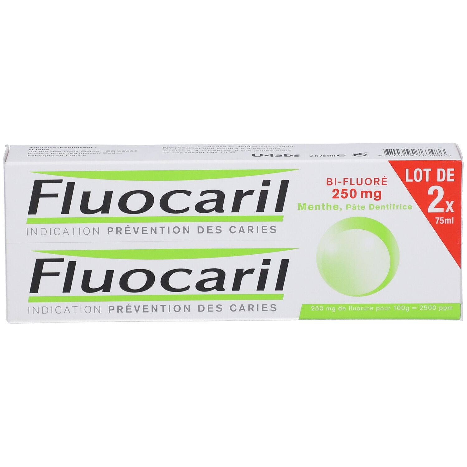 Twee pakken Fluocaril Bi-Fluor 250 mg tandpasta, munt.
