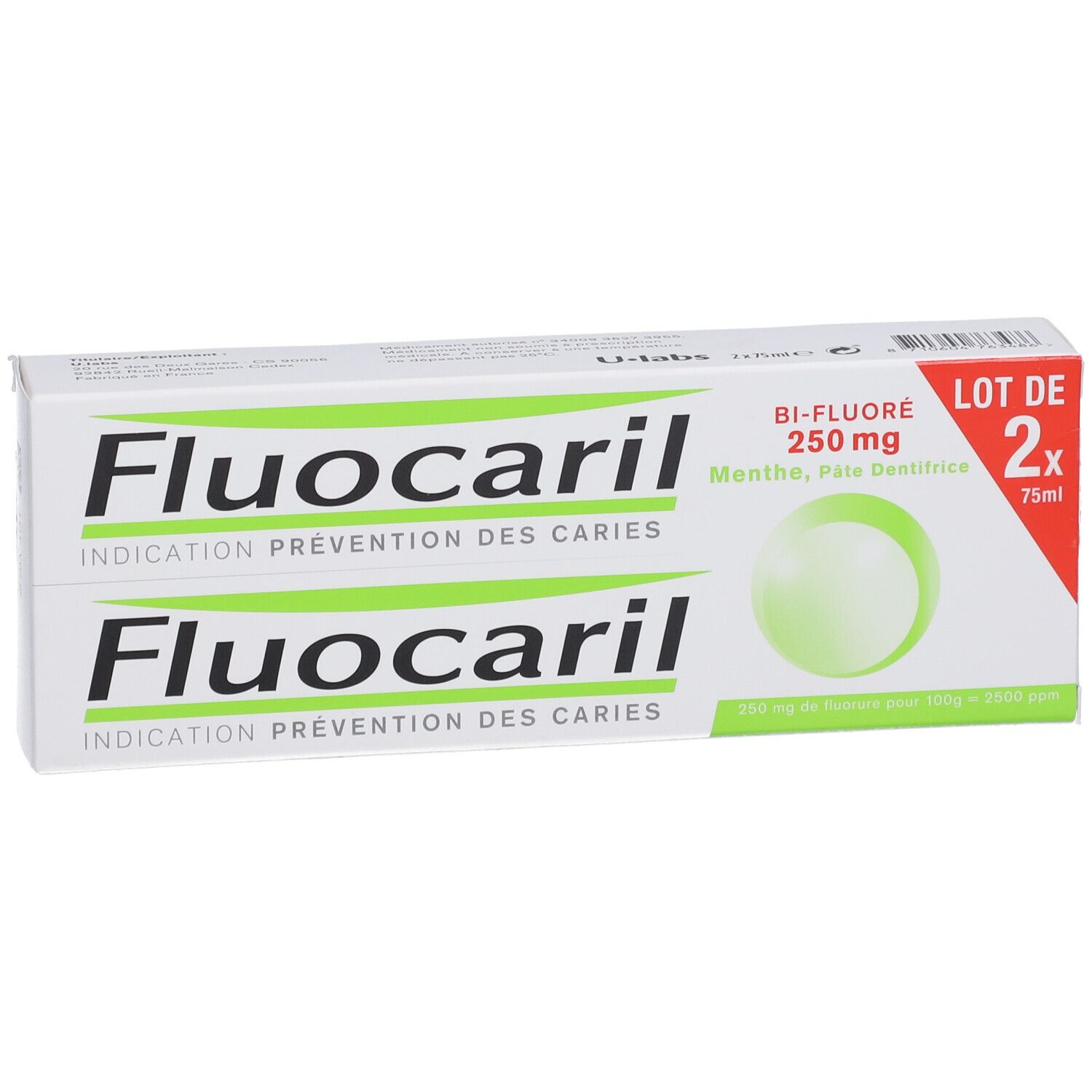 Twee pakken Fluocaril Bi-Fluor 250 mg tandpasta, munt.