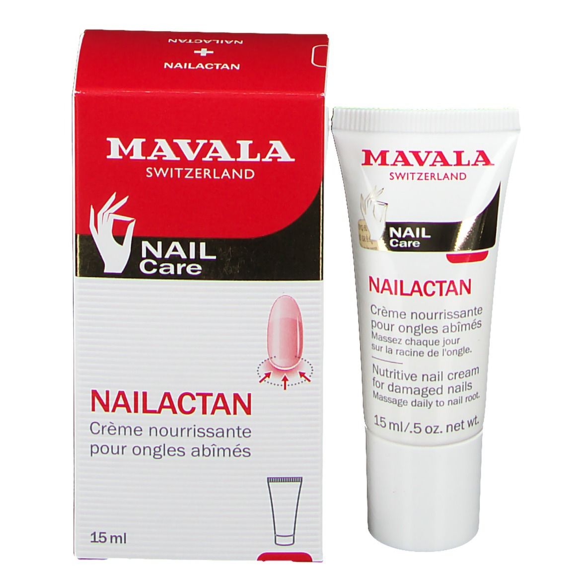 Mavala Nailactan tube en verpakking. Rode doos met tube. Productnaam en merk duidelijk zichtbaar.