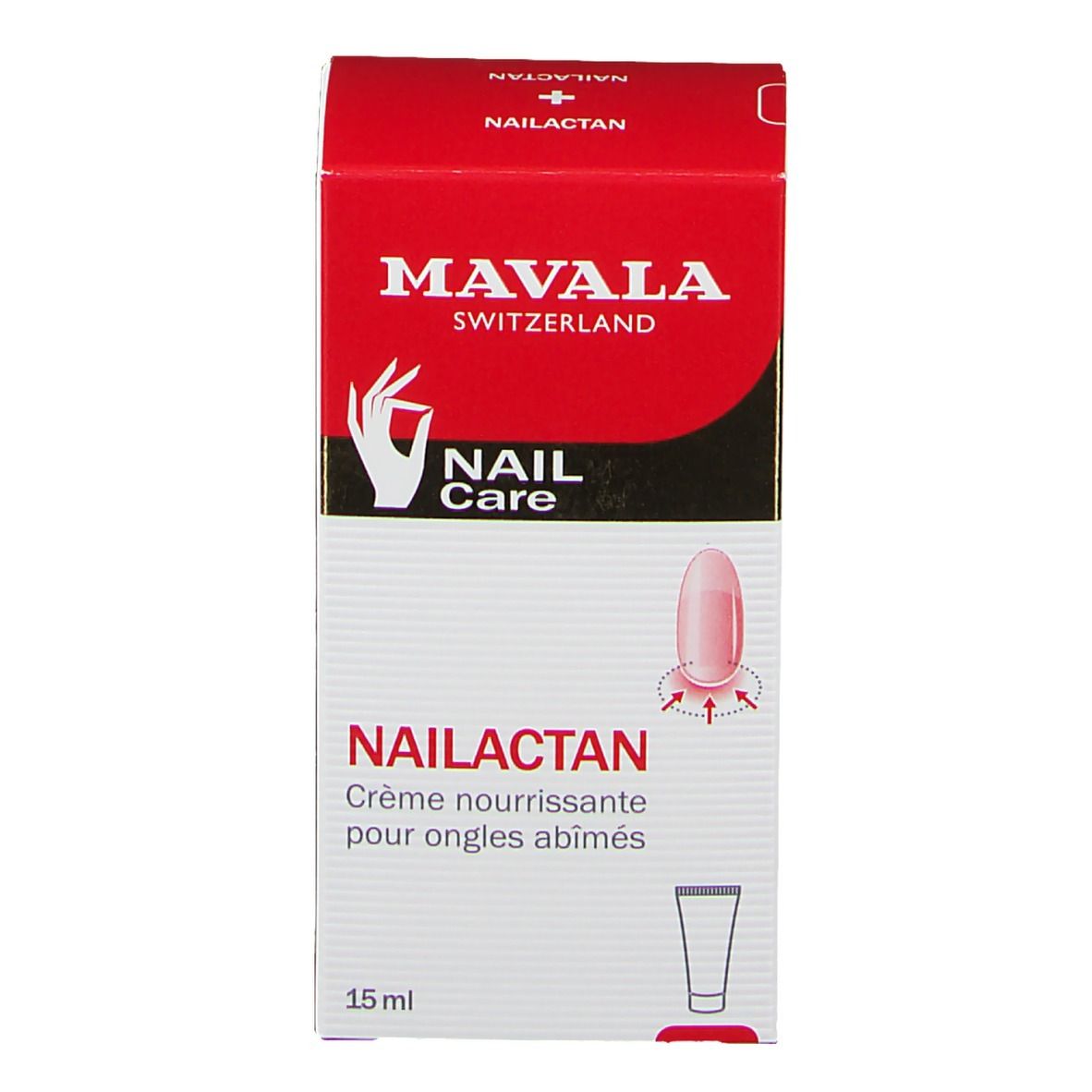 Rode doos Mavala Nailactan. Productnaam en merk. Illustratie van een nagel.