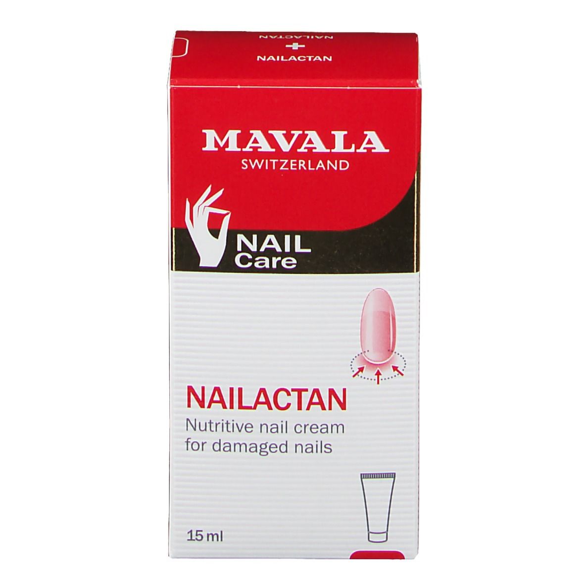 Face avant de l'emballage Mavala Nailactan. Boîte rouge avec nom et marque du produit.
