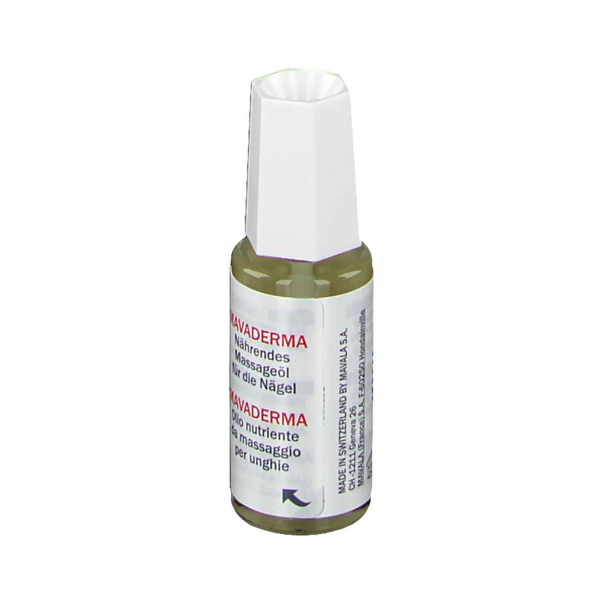 Flacon d'huile Mavala Mavaderma pour ongles, bouchon blanc. Inscription : Nourishing Massage Oil for Nails.