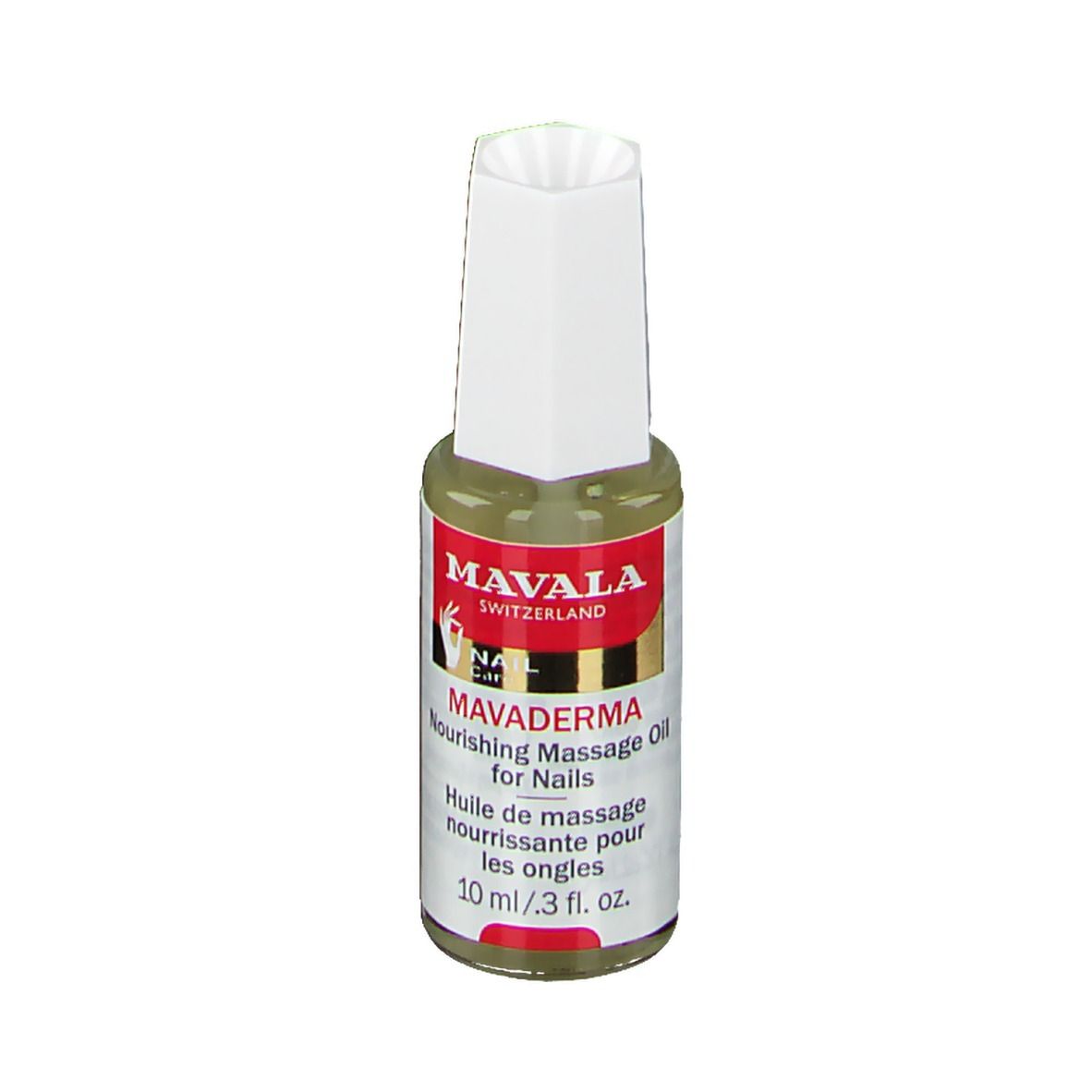 Flacon d'huile Mavala Mavaderma pour ongles, bouchon blanc. Inscription : Nourishing Massage Oil for Nails.
