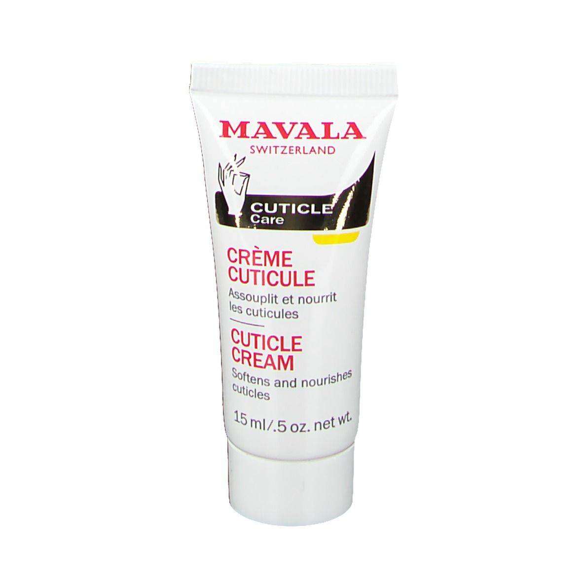 Tube blanche Mavala Cuticle Care. Crème cuticule. Inscription en rouge. 15 ml.