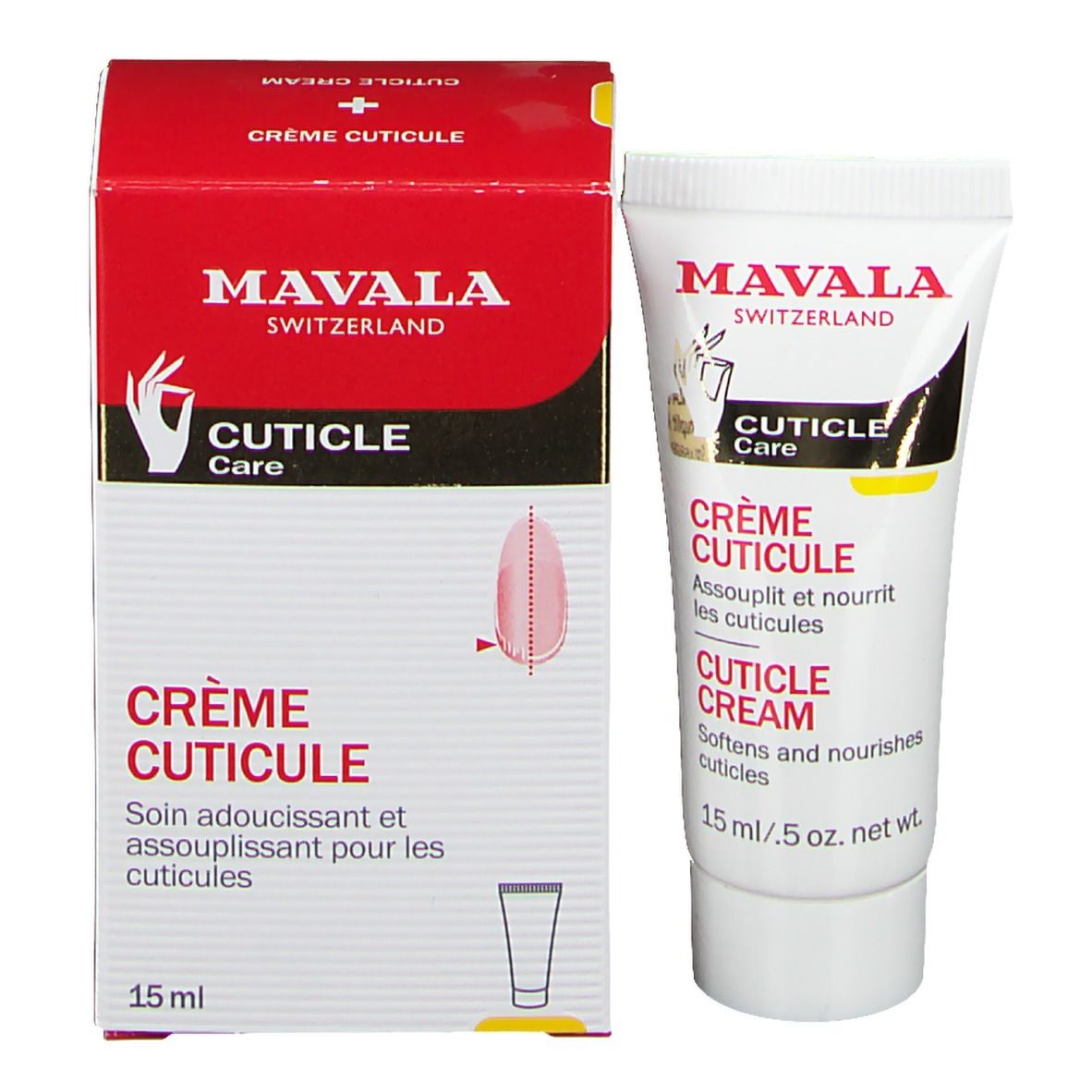 Mavala Cuticle Care crème en verpakking. Rode doos, witte tube. 15 ml.