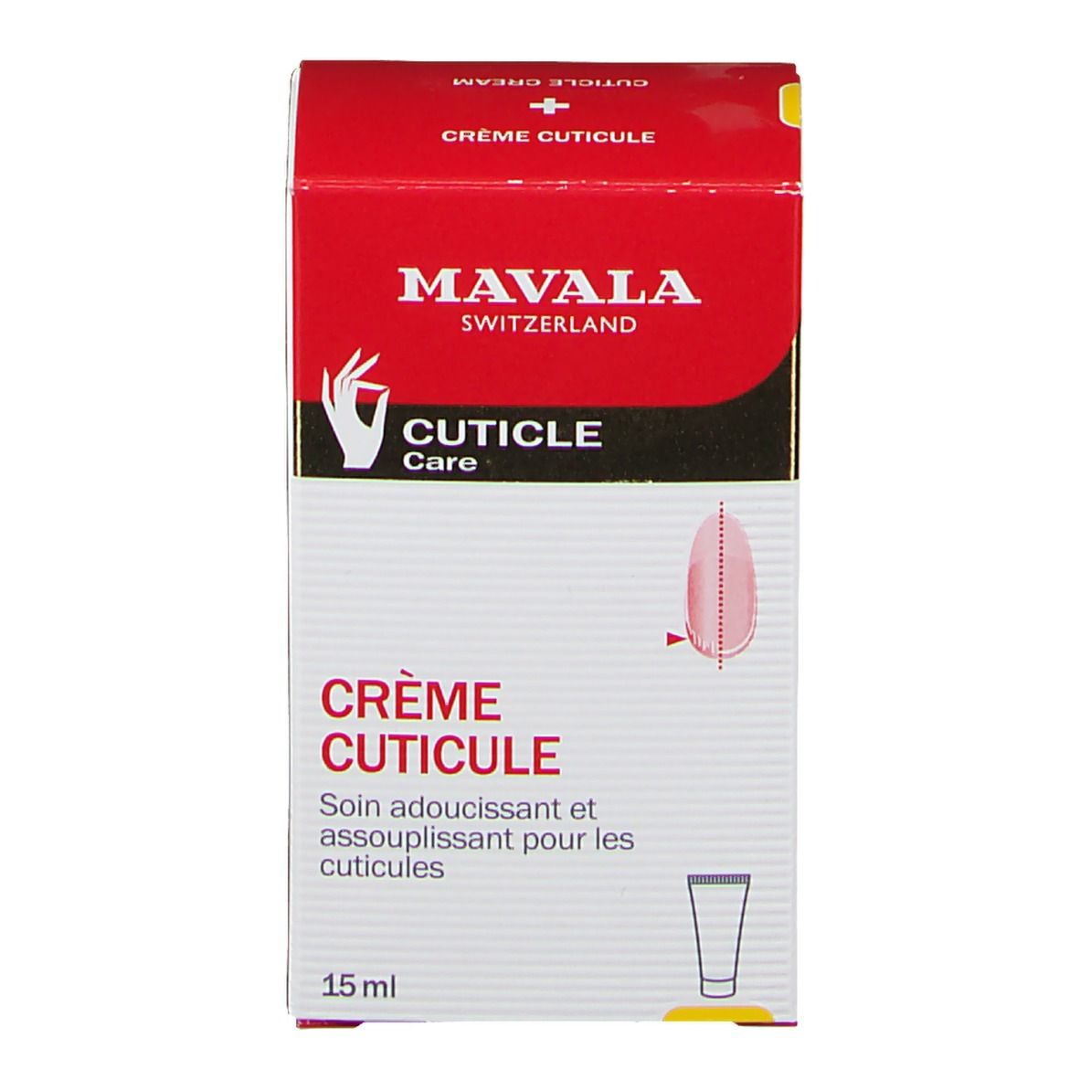 Rode doos met witte tekst: Mavala Cuticle Care. 15 ml. Productillustratie.
