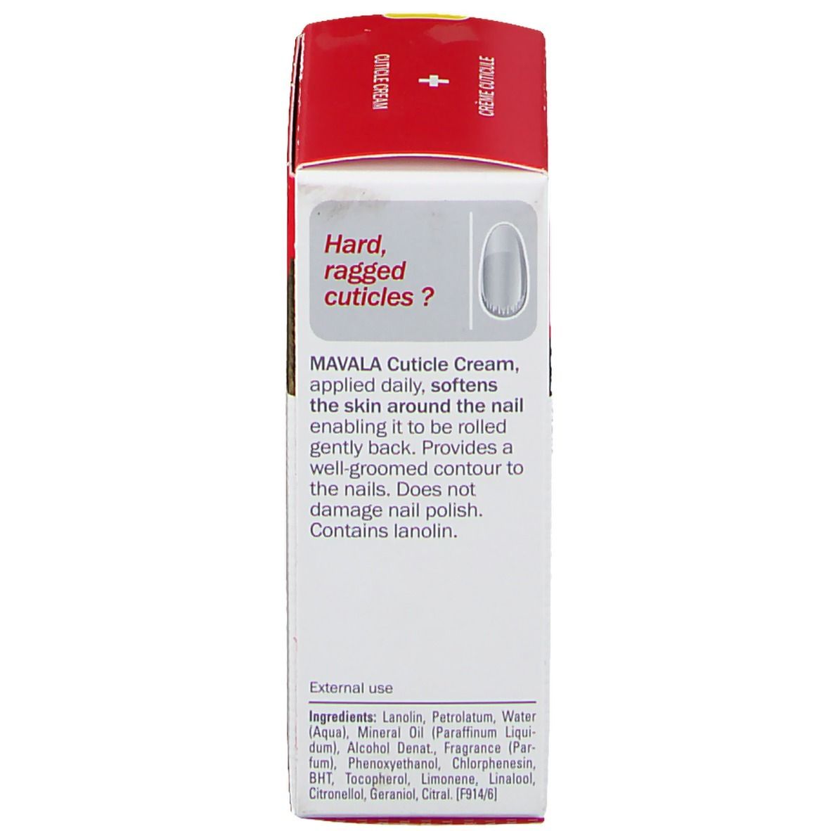 Dos de la boîte rouge. Texte: Mavala Cuticle Cream. Ingrédients. Usage externe.