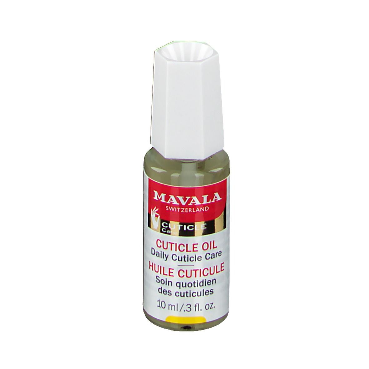 Nagelriemolie flesje met witte dop. Rood etiket met tekst: CUTICLE OIL, HUILE CUTICULE. 10 ml.