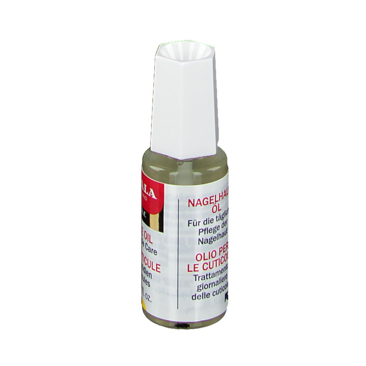 Nagelriemolie flesje met witte dop. Rood etiket met tekst: NAGELHAUT-ÖL, OILO PER LE CUTICOLE. 10 ml.