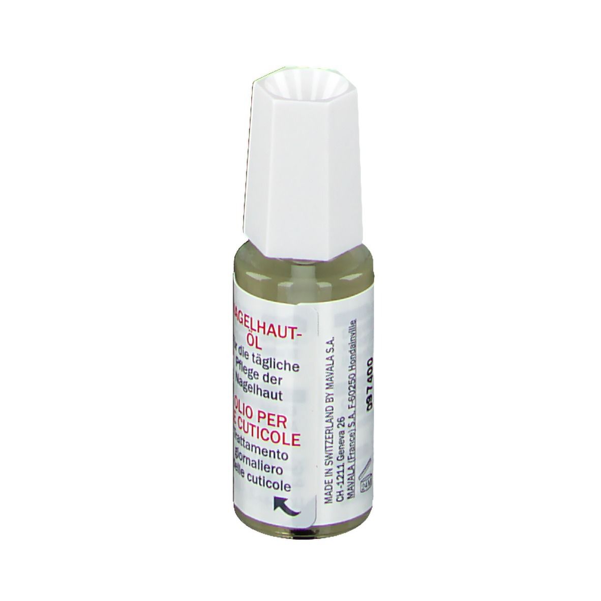 Nagelriemolie flesje met witte dop. Rood etiket met tekst: NAGELHAUT-ÖL, OILO PER LE CUTICOLE. 10 ml.
