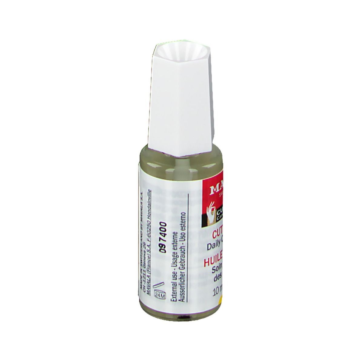 Nagelriemolie flesje met witte dop. Rood etiket met tekst: CUTICLE OIL, HUILE CUTICULE. 10 ml.