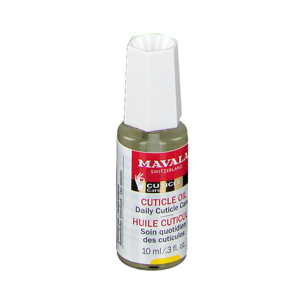 Nagelriemolie flesje met witte dop. Rood etiket met tekst: CUTICLE OIL, HUILE CUTICULE. 10 ml.