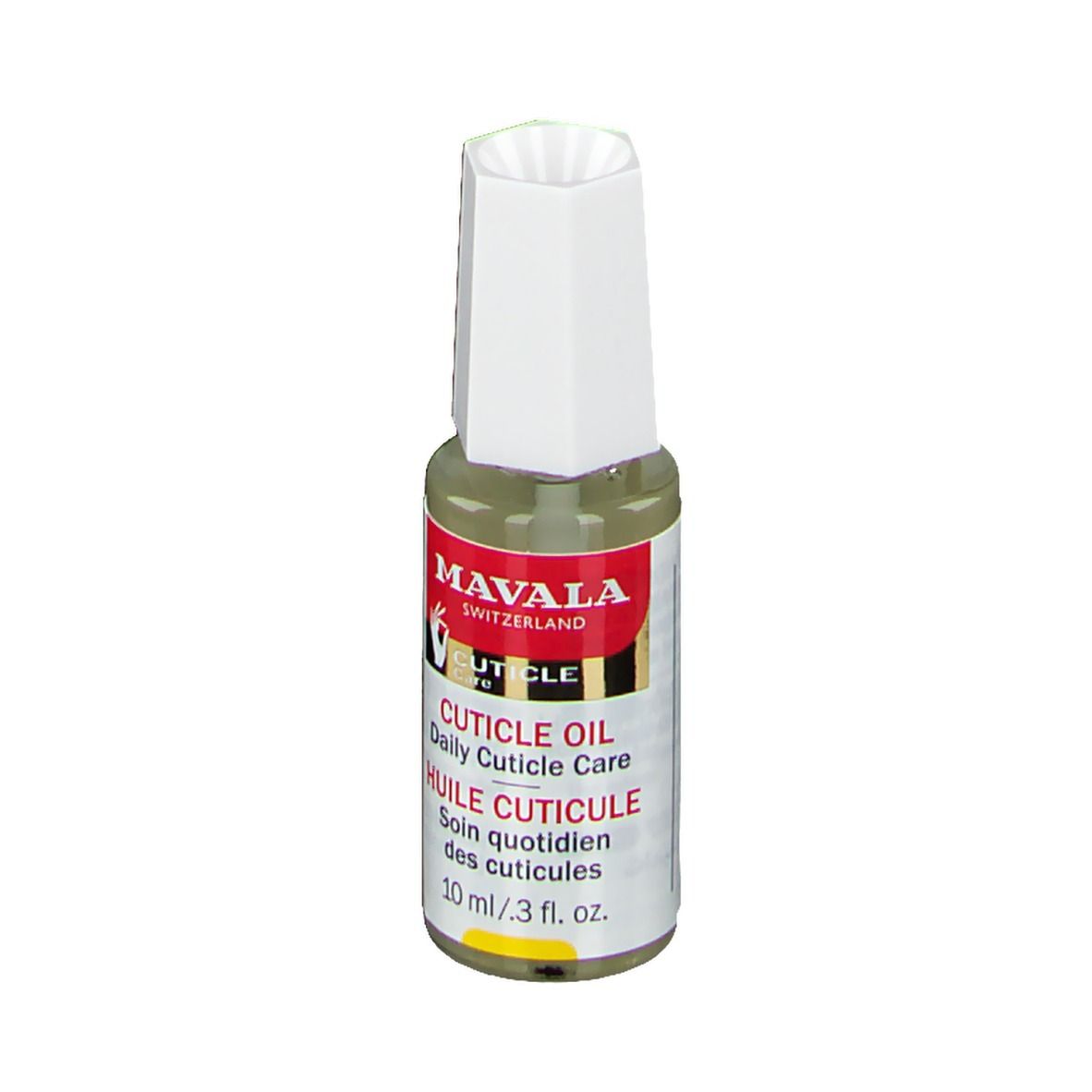 Nagelriemolie flesje met witte dop. Rood etiket met tekst: CUTICLE OIL, HUILE CUTICULE. 10 ml.