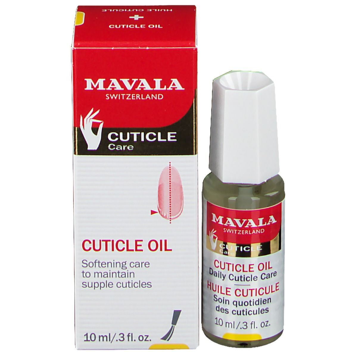 Nagelriemolie flesje en doos. Rood etiket met tekst: CUTICLE OIL, HUILE CUTICULE. 10 ml. Doos toont een nagel.