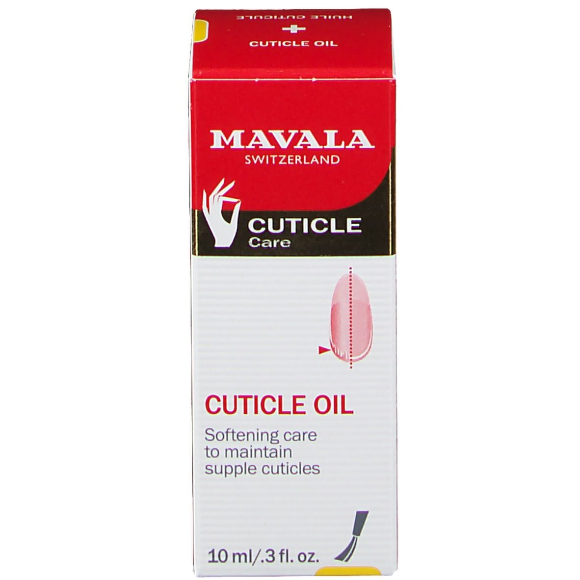 Doos met nagelriemolie. Rood etiket met tekst: CUTICLE OIL, HUILE CUTICULE. 10 ml. Toont een nagel.