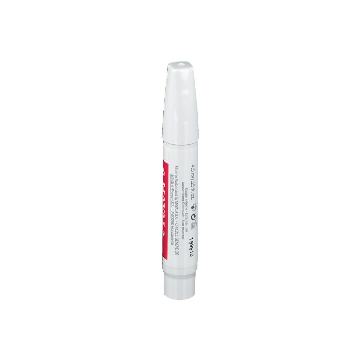 Stylo blanc avec bande rouge. Inscription: MAVALA SWITZERLAND, CUTICLE CARE.
