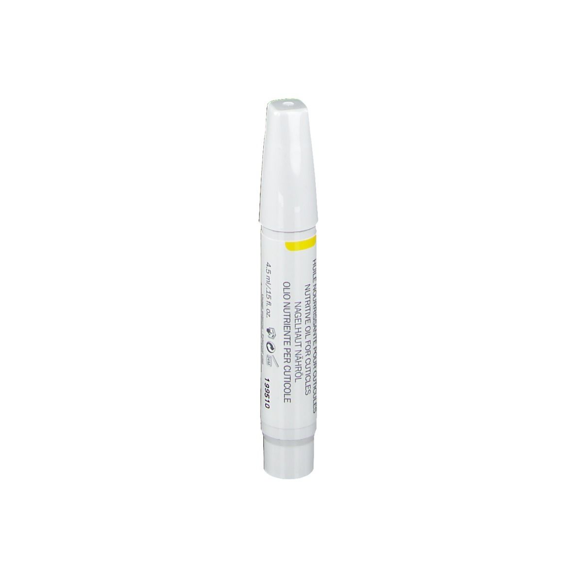 Stylo blanc avec bande jaune. Inscription: NUTRIENT OIL FOR CUTICLES.