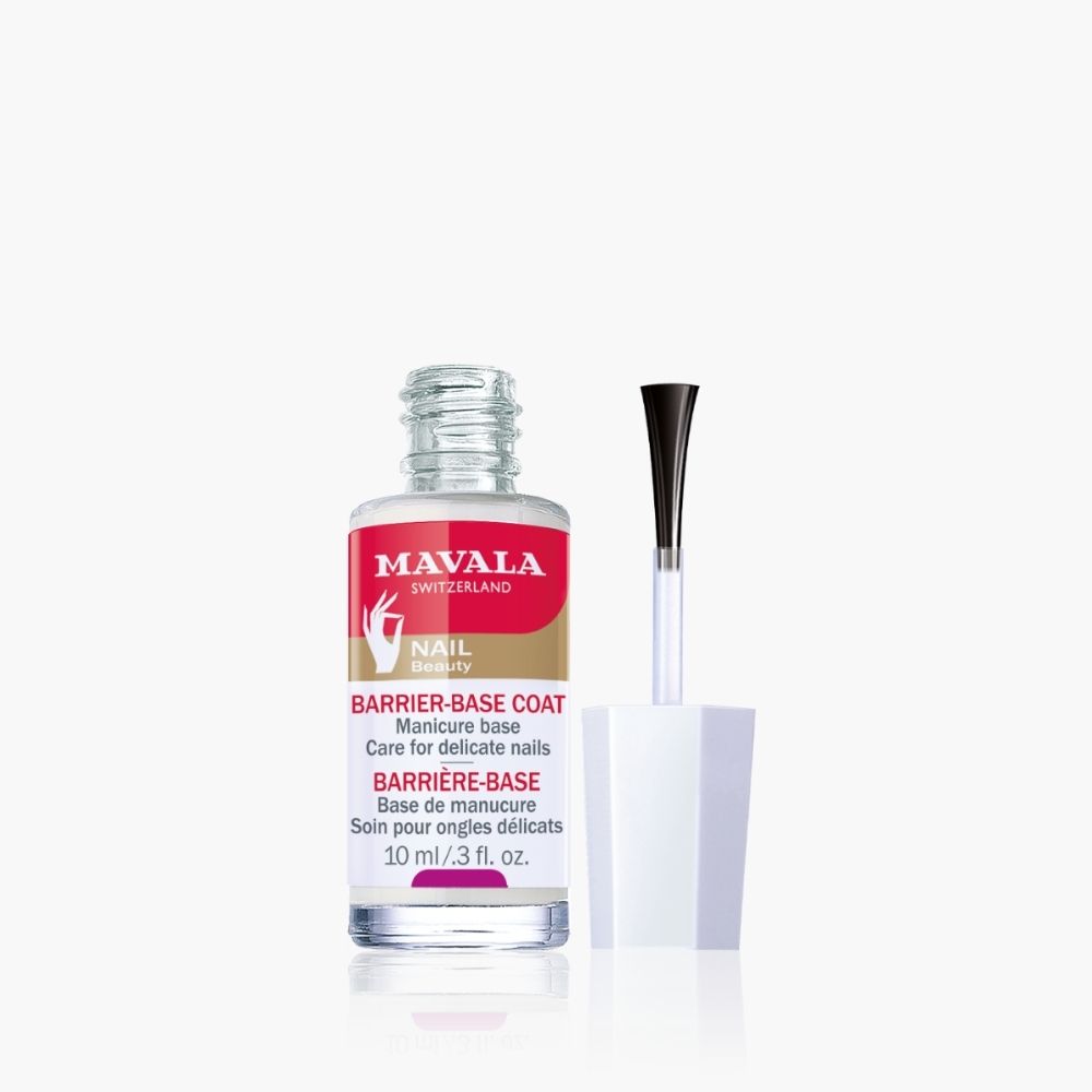 Mavala-Barriere-Basis nagellakfles met borstel. Opschrift: BARRIERE-BASE, 10 ml/0.3 fl. oz.