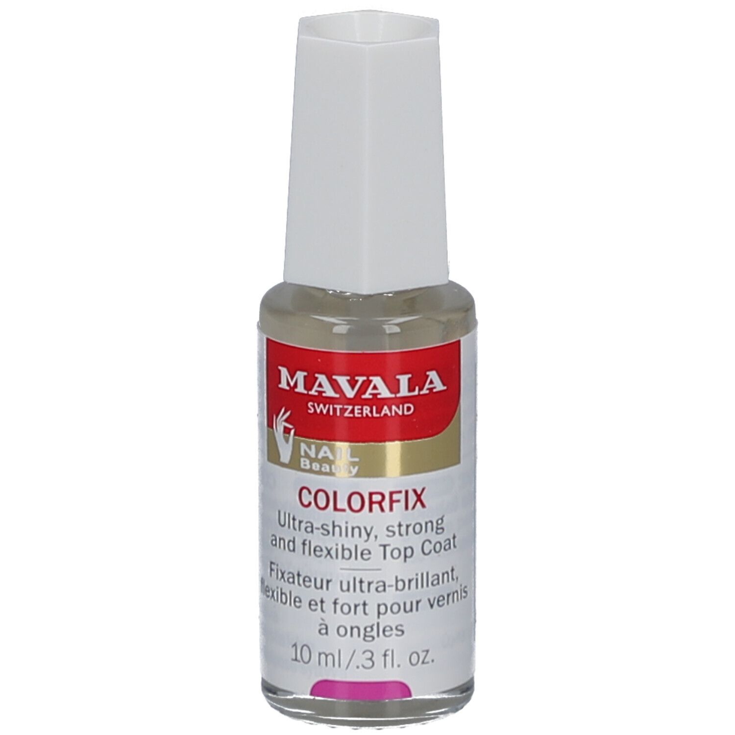 Mavala Colorfix nagellak. Fles met witte dop. Tekst: Ultra-shiny, strong and flexible Top Coat. 10 ml/3 fl. oz.
