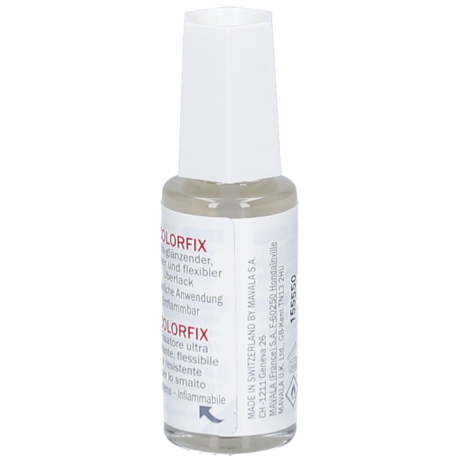 Mavala Colorfix nagellak. Fles met witte dop. Tekst: Ultra-glanzend, sterk en flexibel. 10 ml/3 fl. oz.