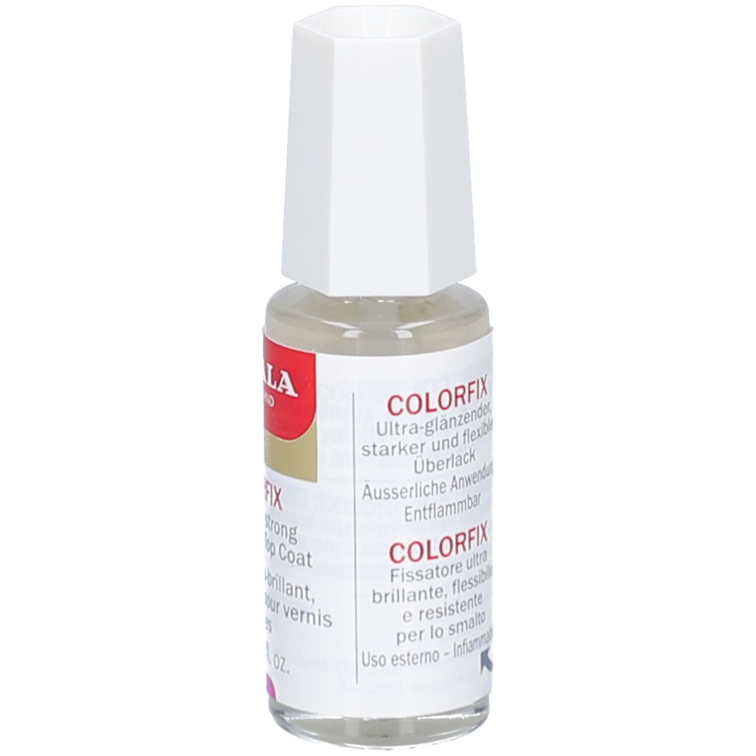 Mavala Colorfix nagellak. Fles met witte dop. Tekst: Ultra-glanzend, sterk en flexibel. 10 ml/3 fl. oz.